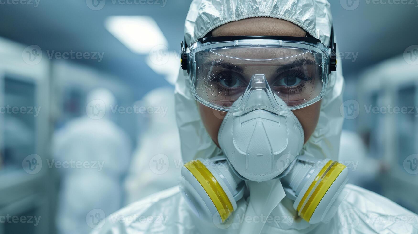 Scientist in protective gear conducting research in laboratory for safety and precision photo