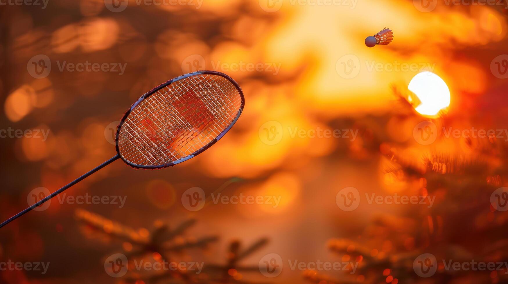 Badminton racket and shuttlecock in golden sunset outdoor sports magic hour photo