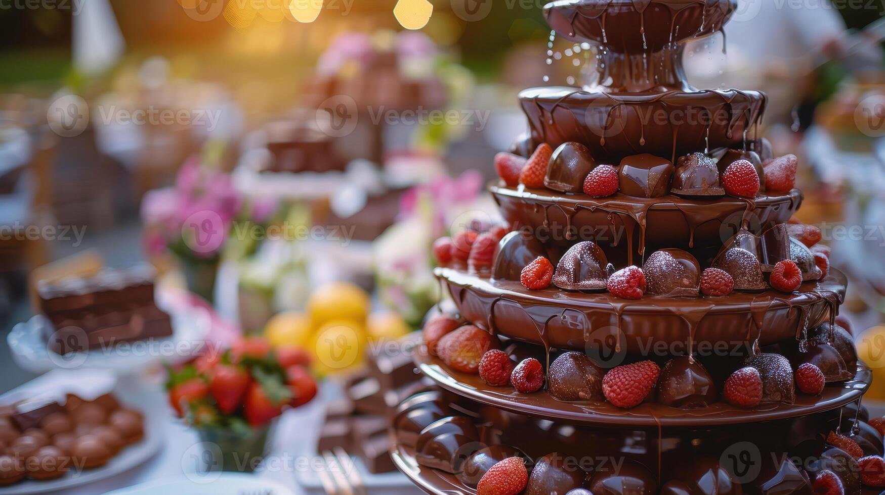 Luxurious chocolate fountain with fresh strawberries and raspberries at outdoor event photo