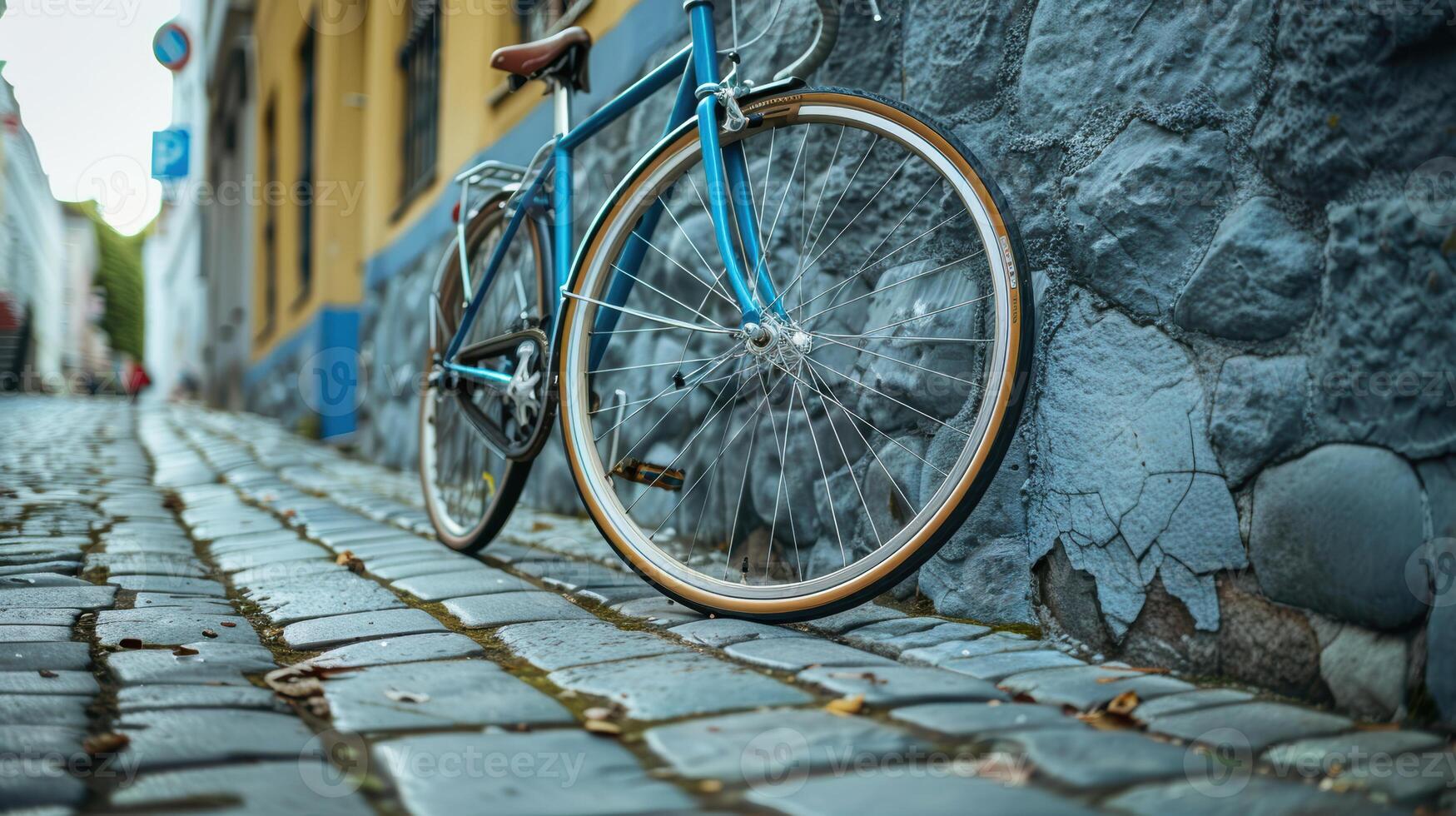 A blue bicycle is leaning against a wall photo