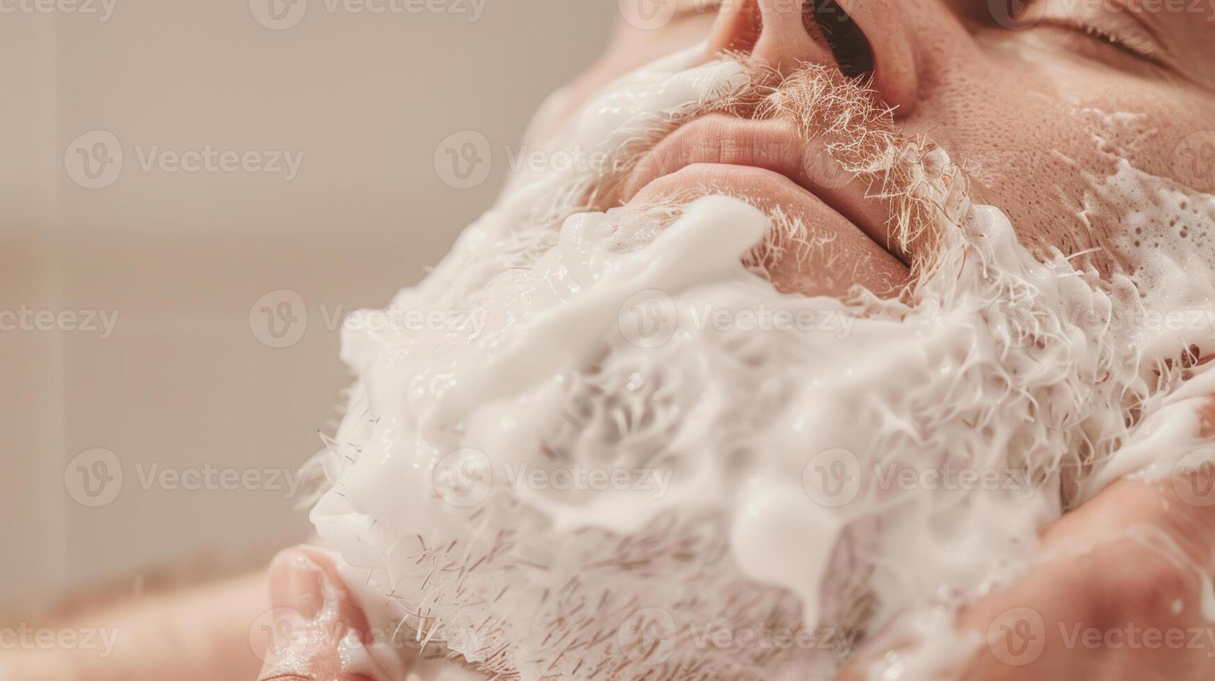 A man shaving his face with a foam shower photo