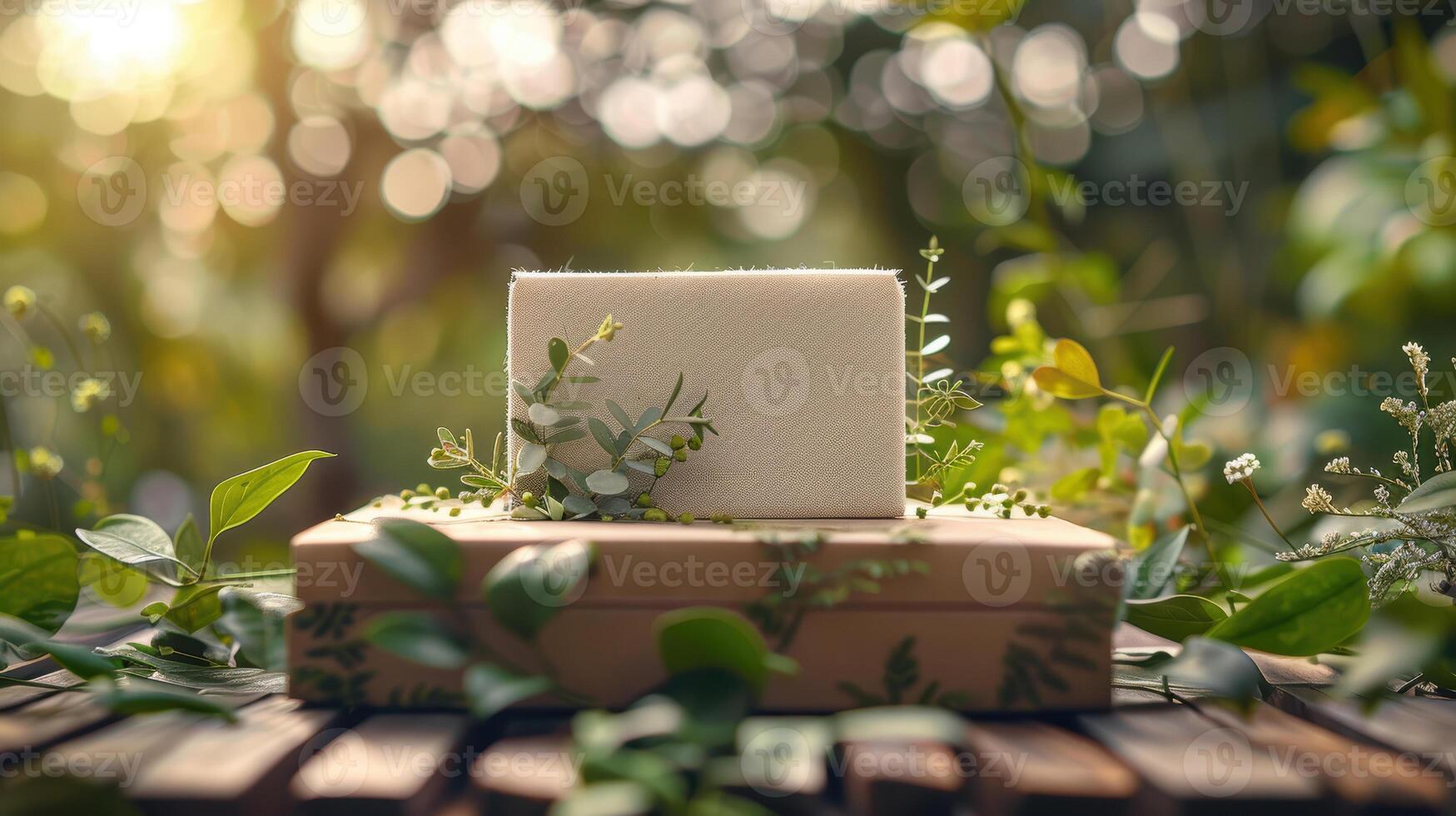 A square of soap on a wooden box with green leaves photo
