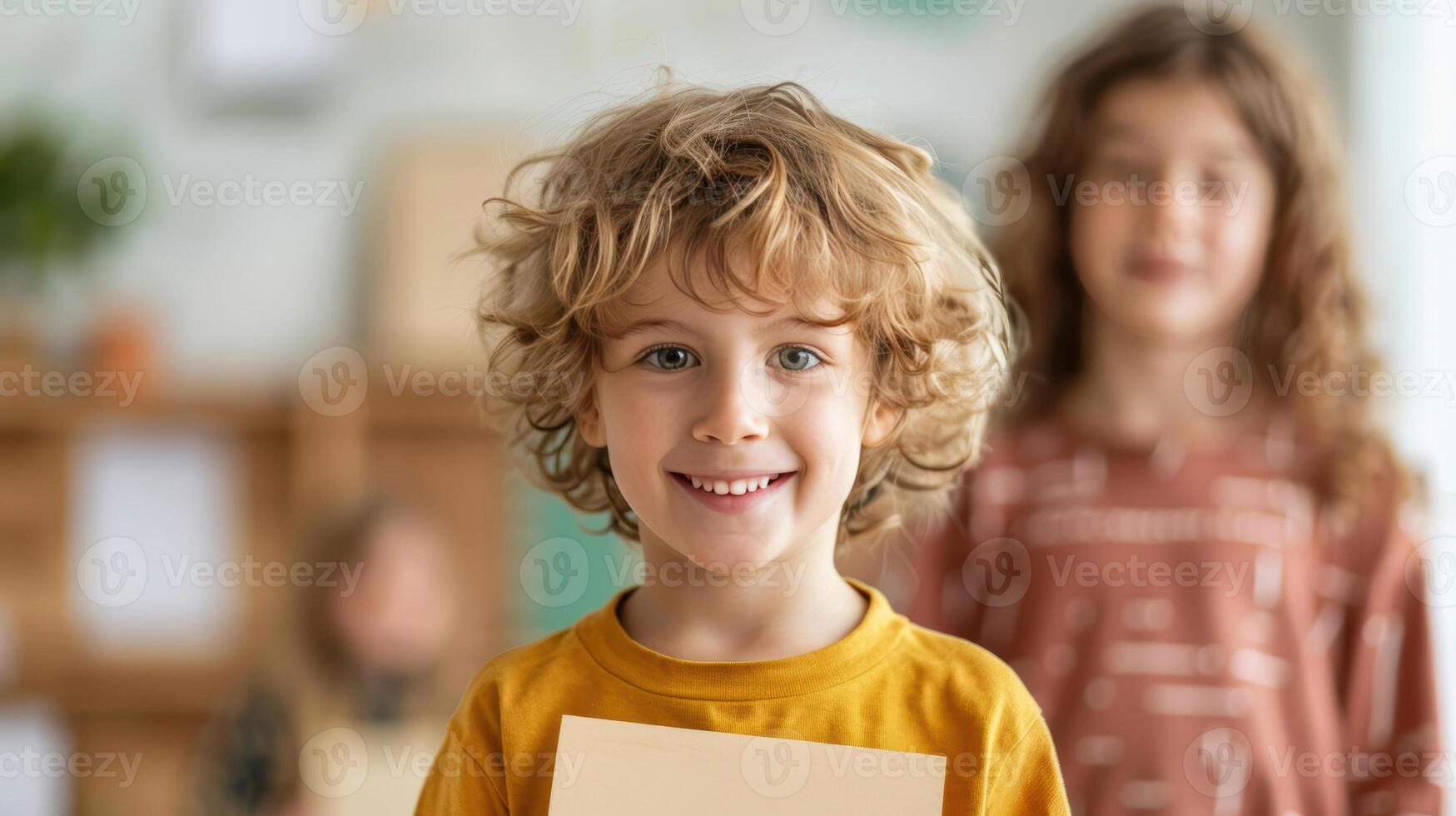 A child holding a piece of paper in front of him photo