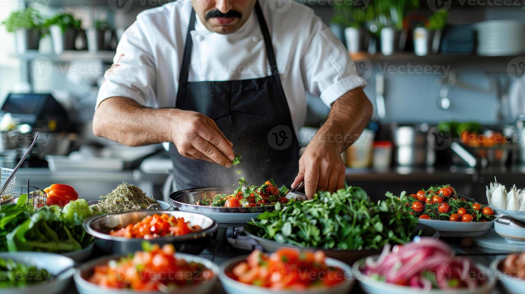 Chef preparing food in kitchen photo