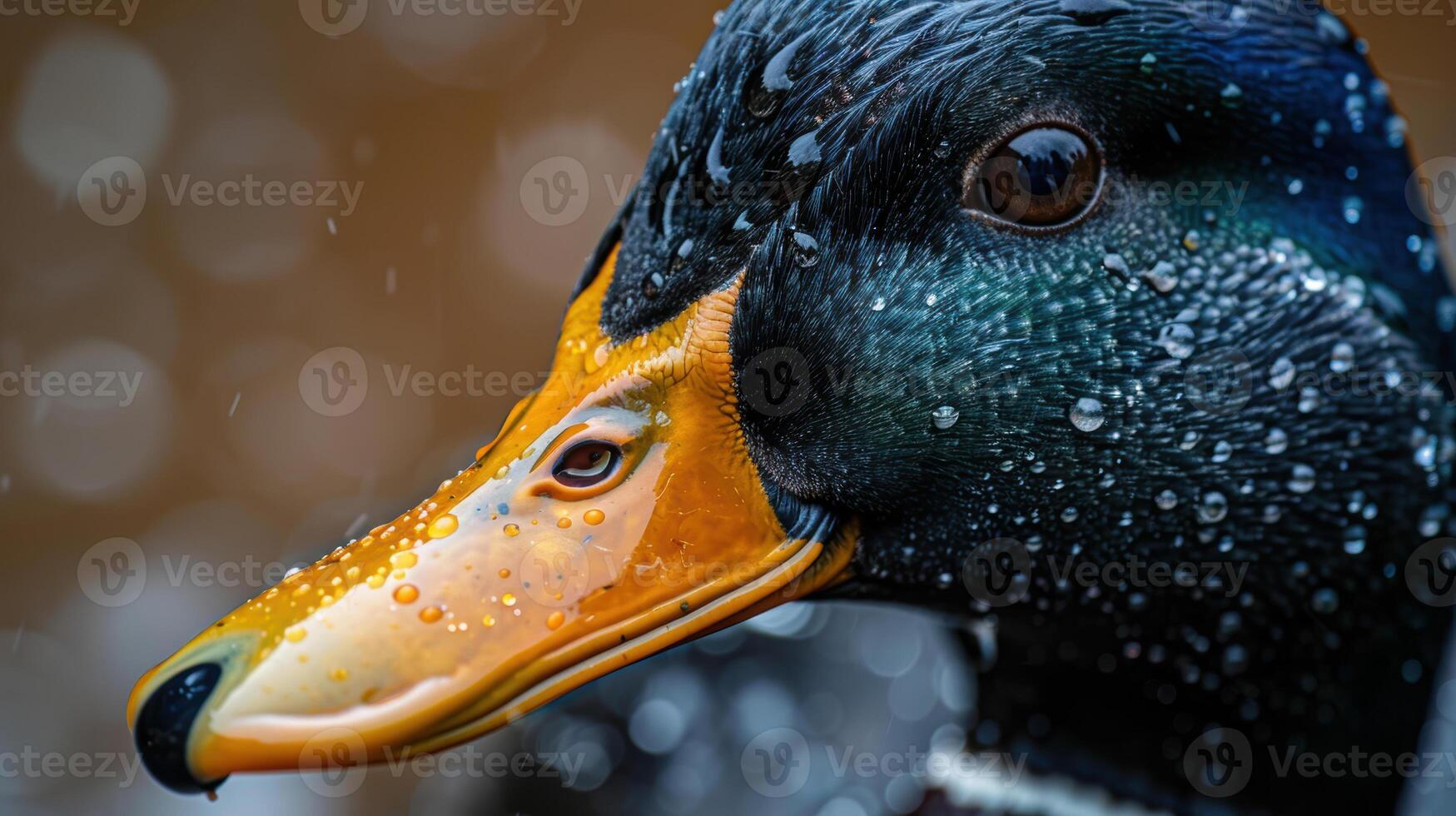 A close up of a duck's face with rain drops on it photo