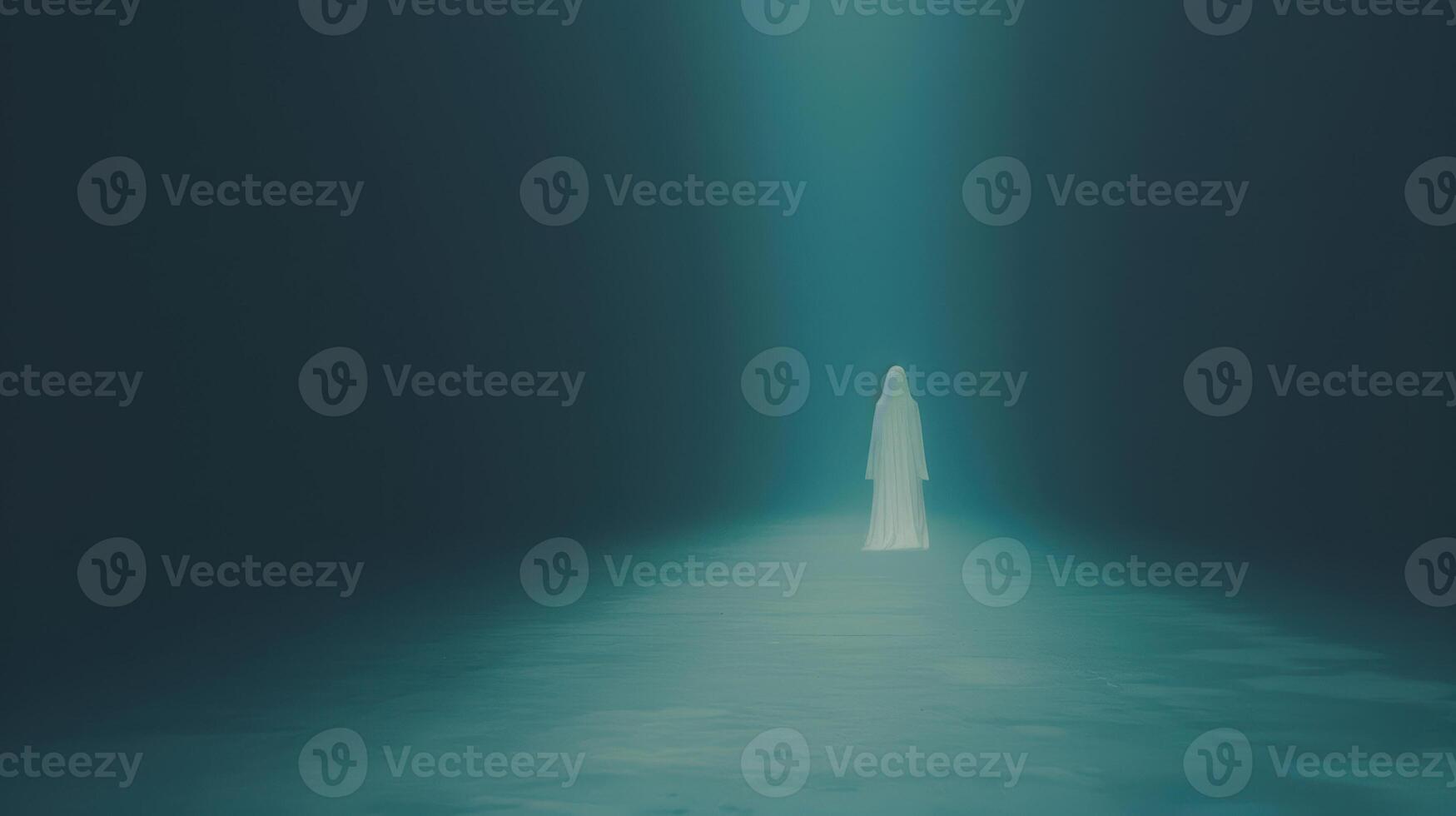 A white ghostly figure stands in the middle of a dark tunnel photo