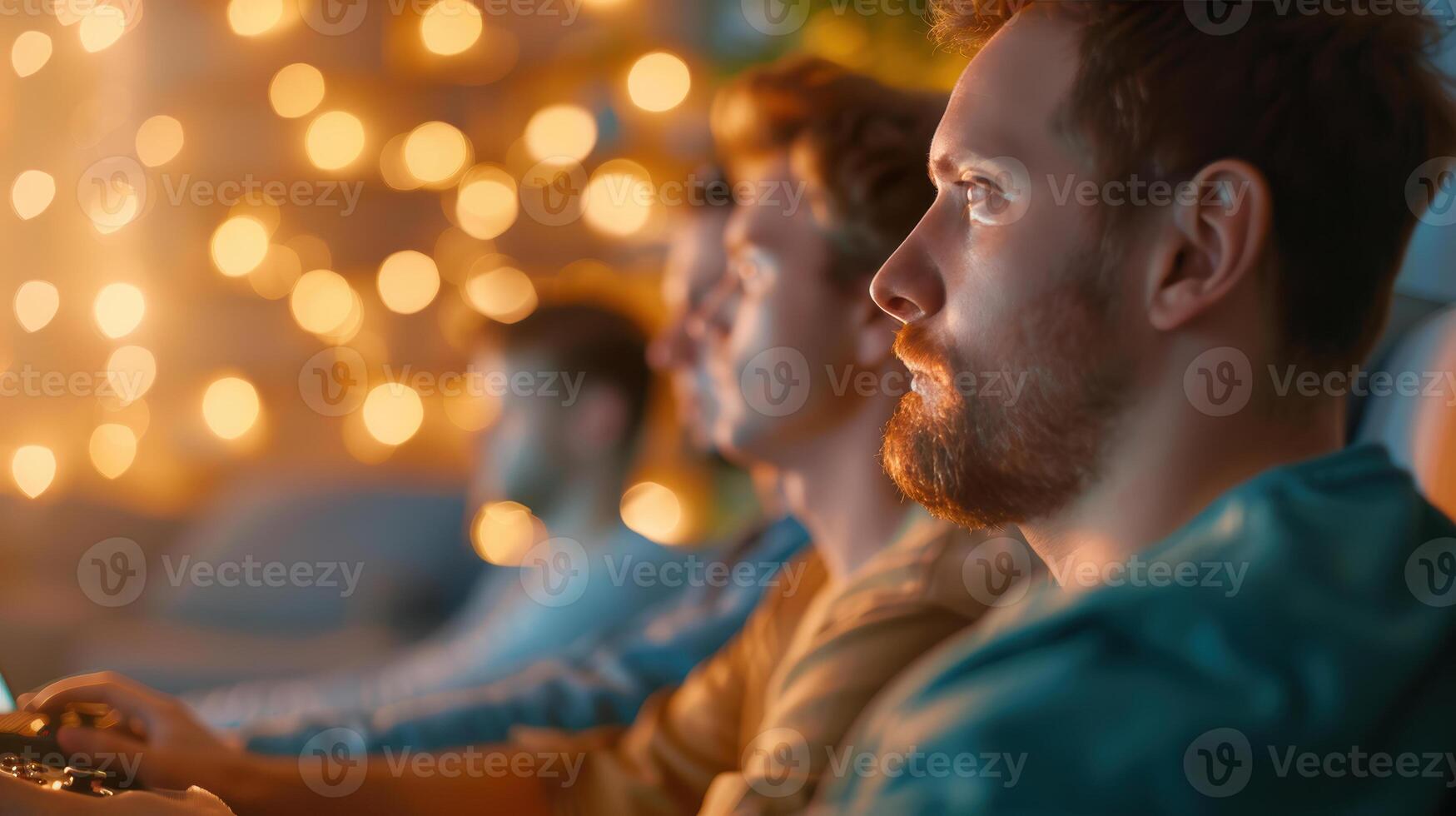Three men sitting in a living room with a television photo