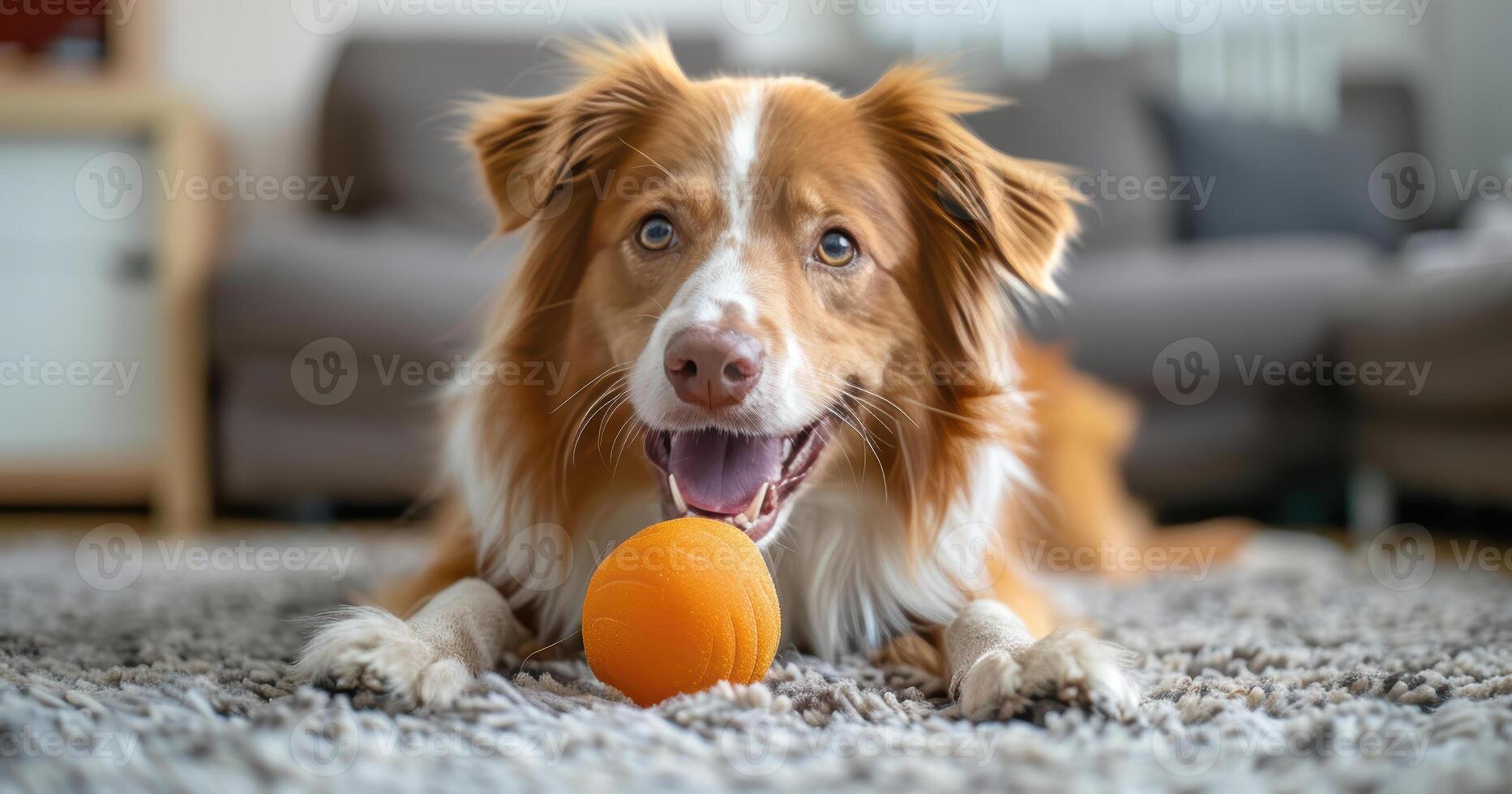 A dog playing with an orange ball photo
