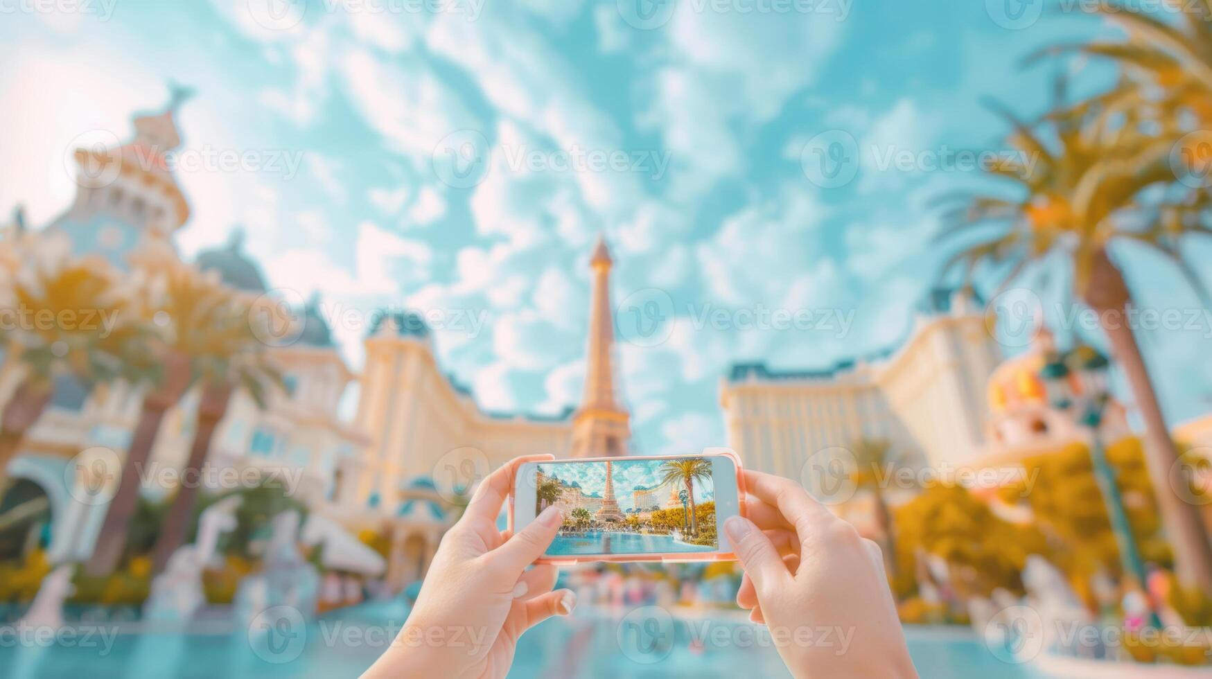 A person taking a photo of a hotel with a view of the city