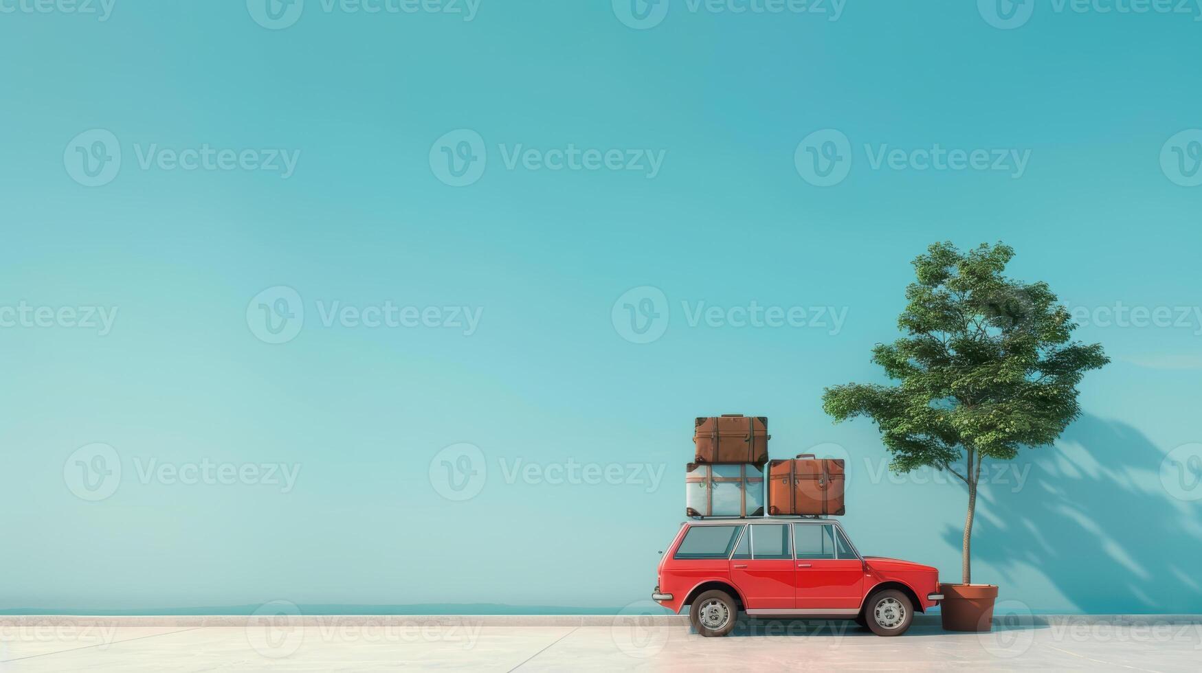 A red car with suitcases on top of it and a tree photo