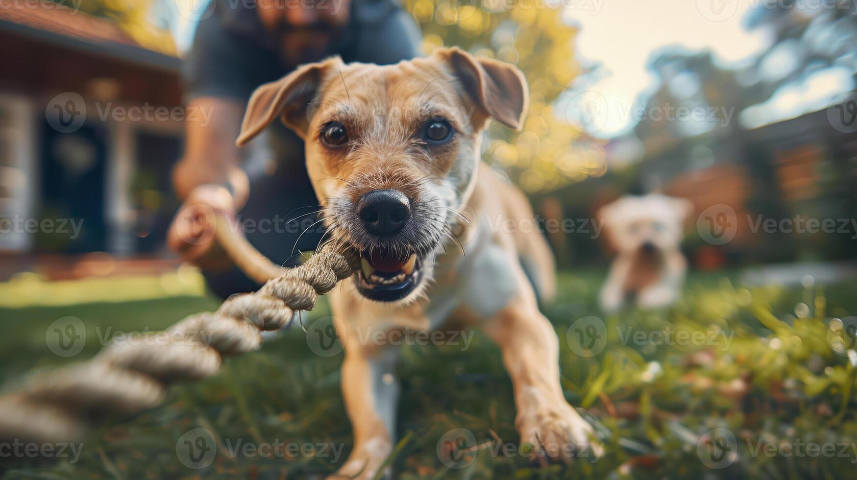 A man is holding a rope while a dog is pulling it photo