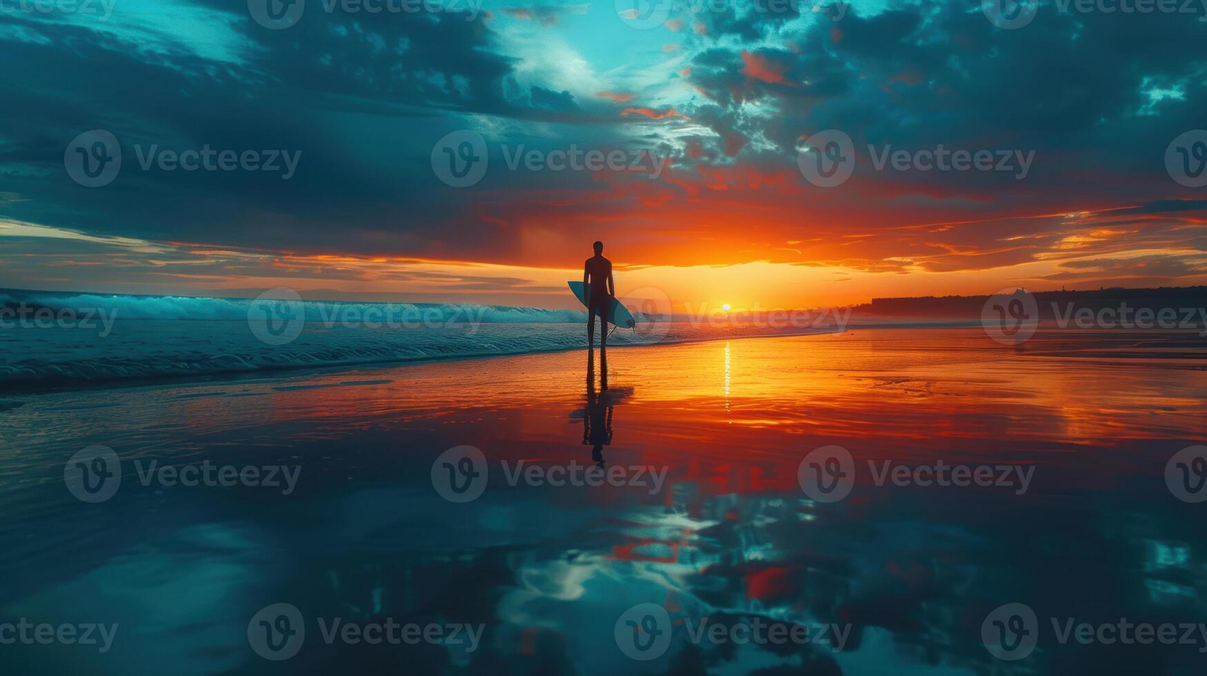 A person standing on the beach with a surfboard at sunset photo