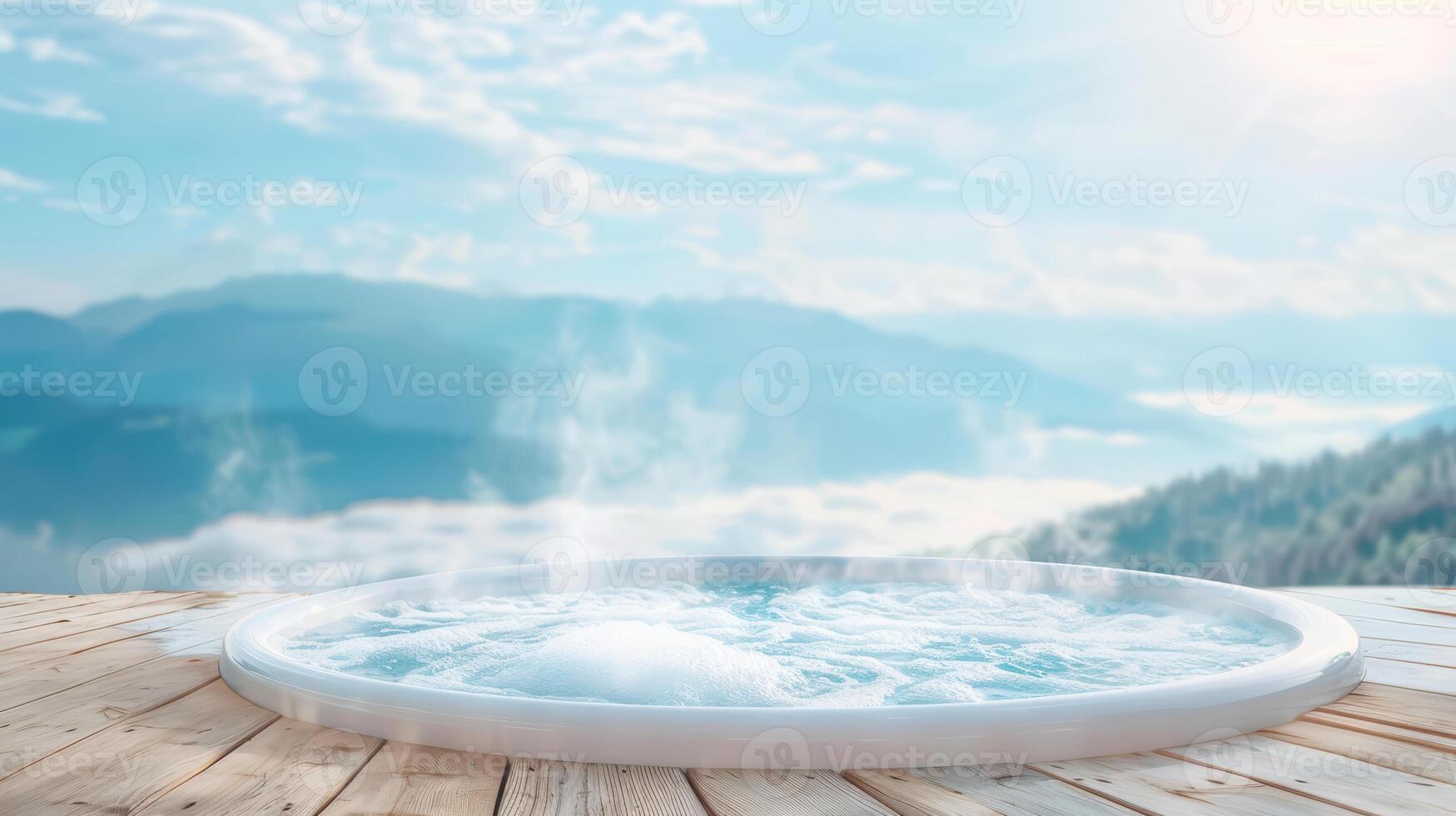 Hot tub on wooden deck with mountains in background photo