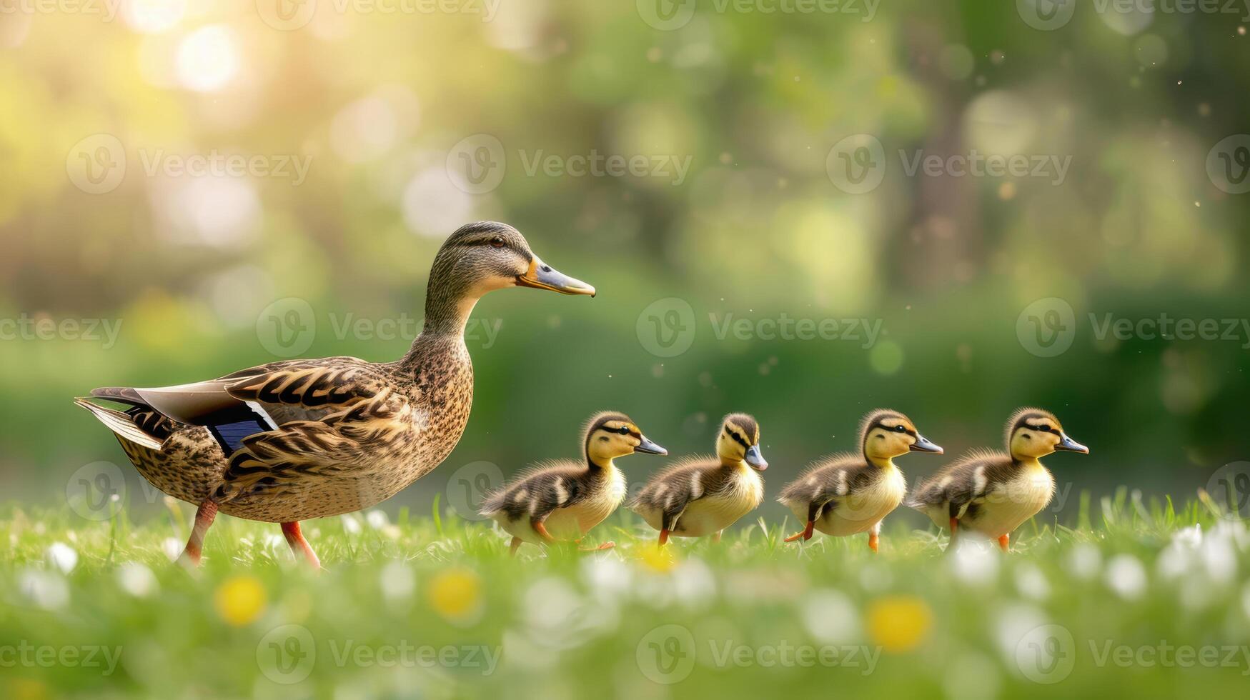 A family of ducks in a field with green grass photo