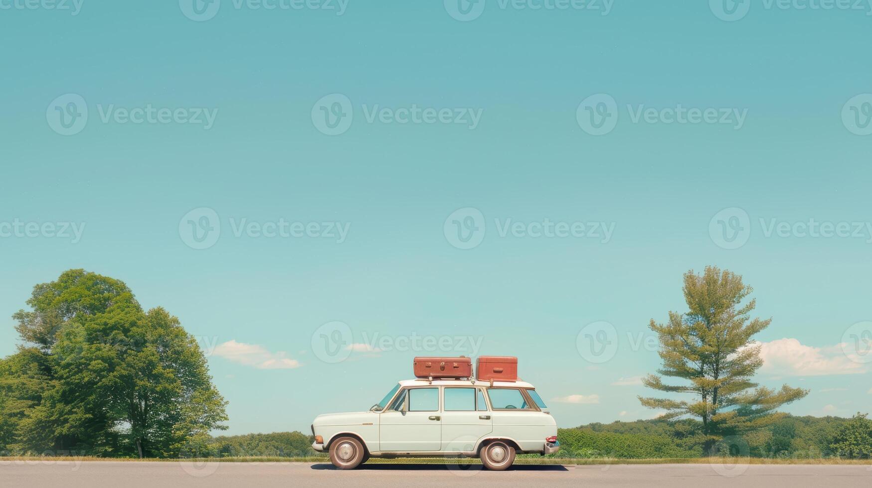 A white car with luggage on top of it photo