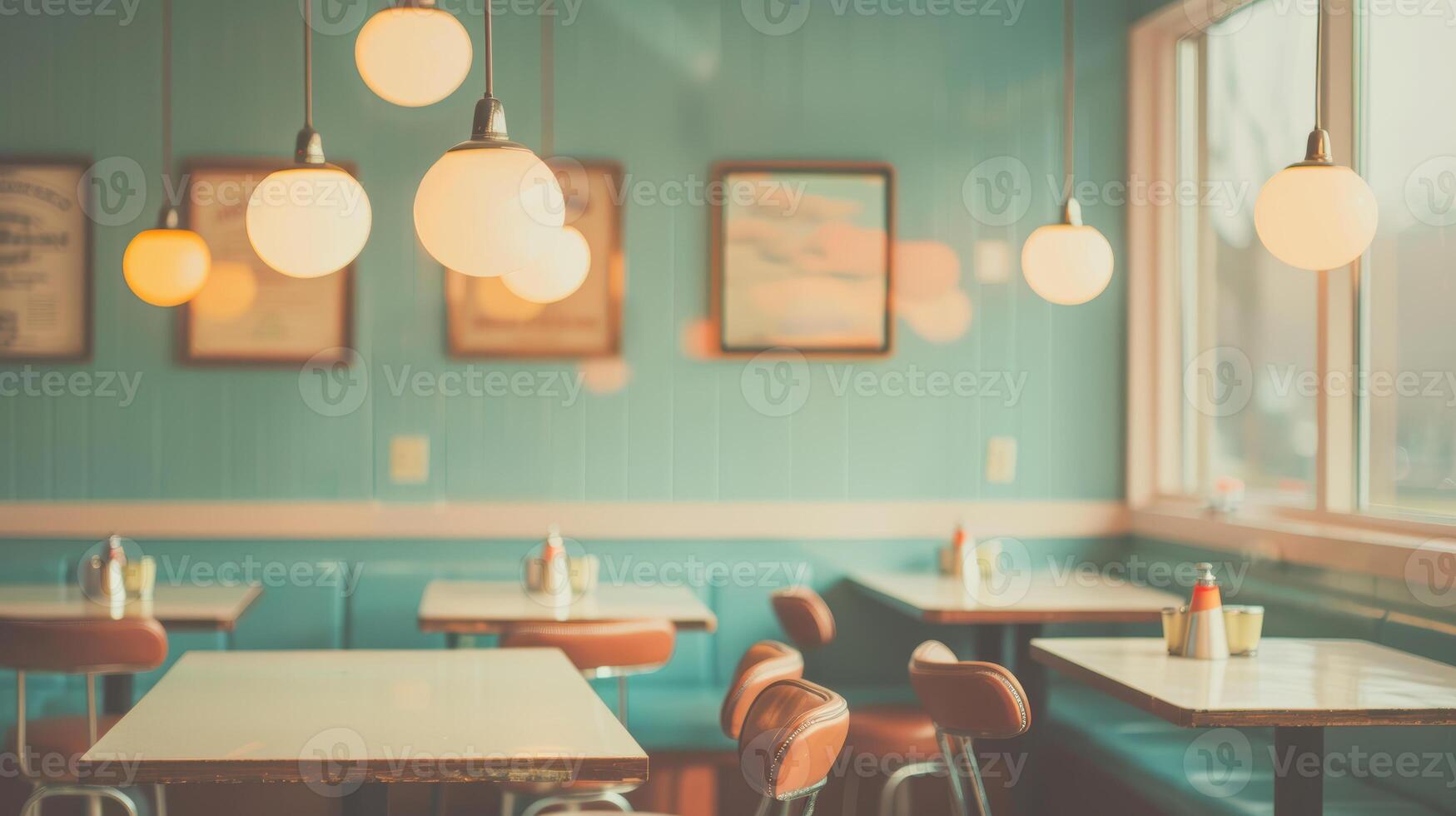 A restaurant with tables and chairs in front of a window photo