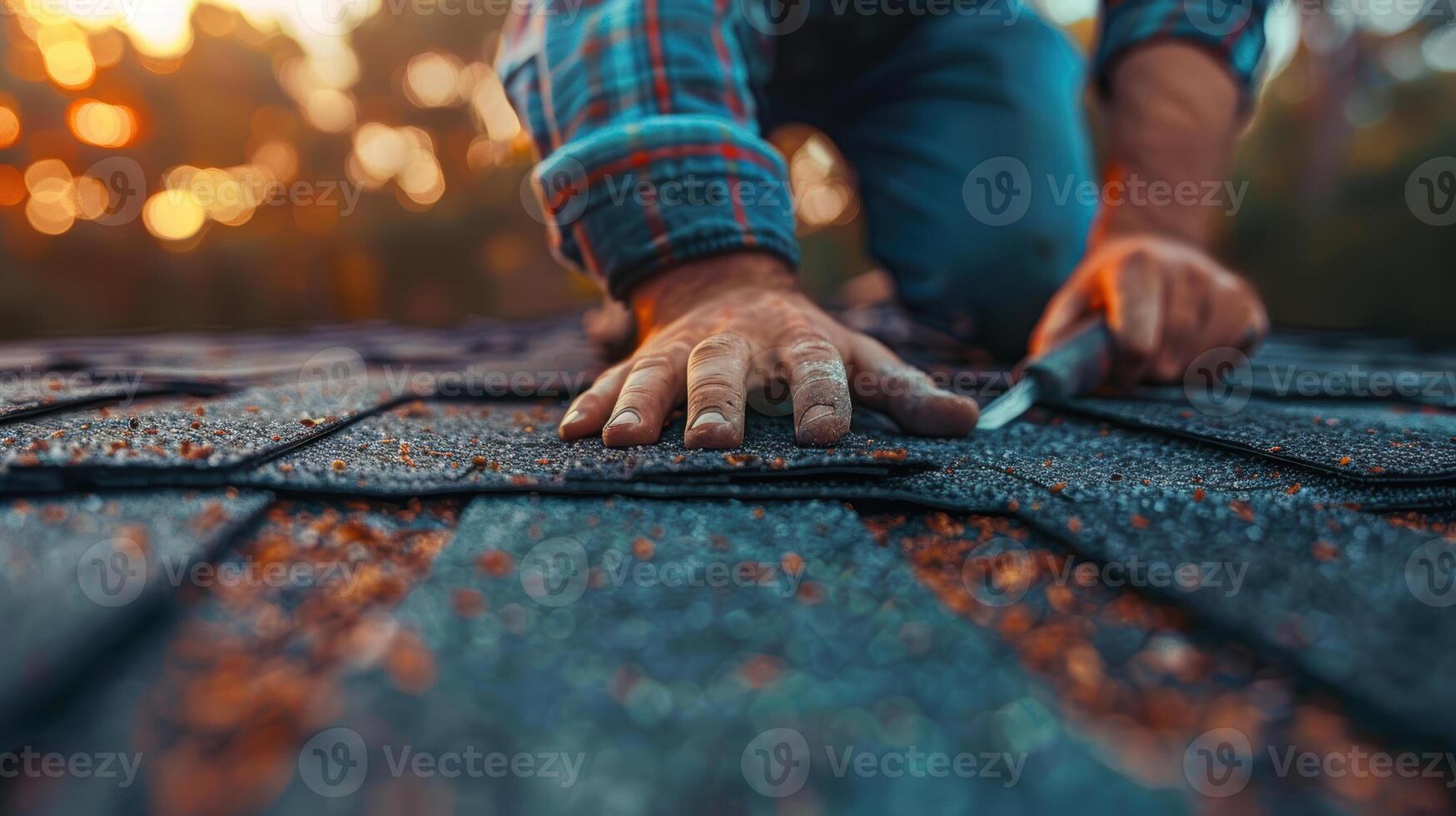 A man is working on a roof with a knife photo