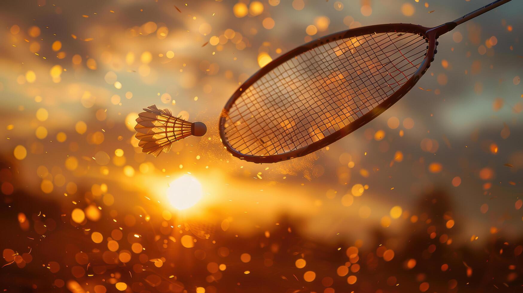 Badminton racket and shuttlecock in the air at sunset photo