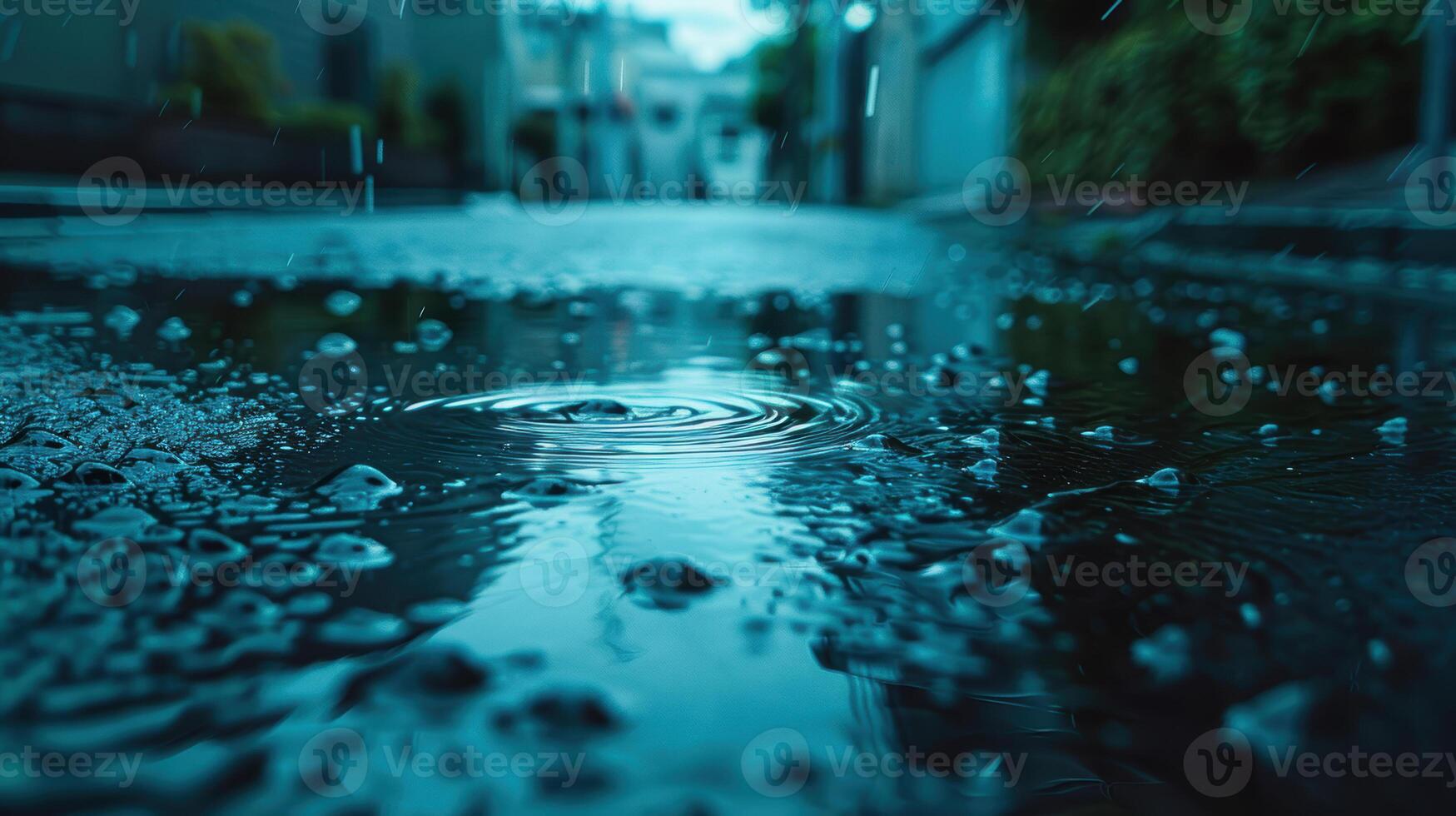 Raindrops on the street in a city at night photo