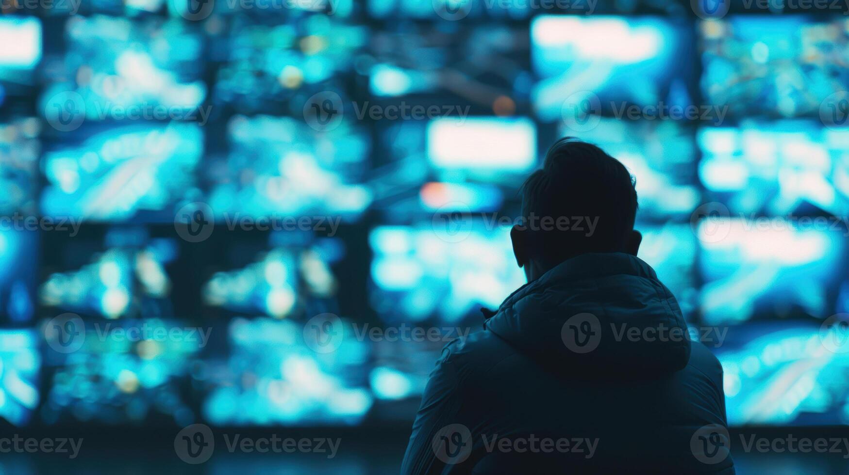 A person sitting in front of a large screen with many different images photo