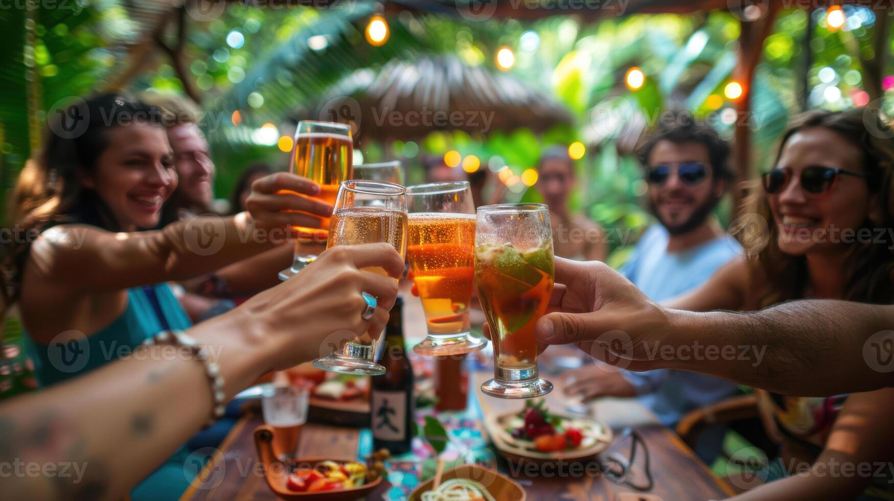 A group of people toasting with drinks at a table photo