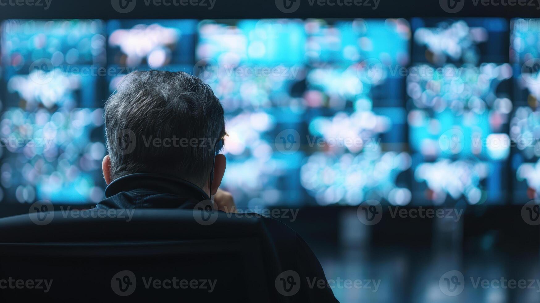 A man sitting in front of a large screen with multiple screens photo