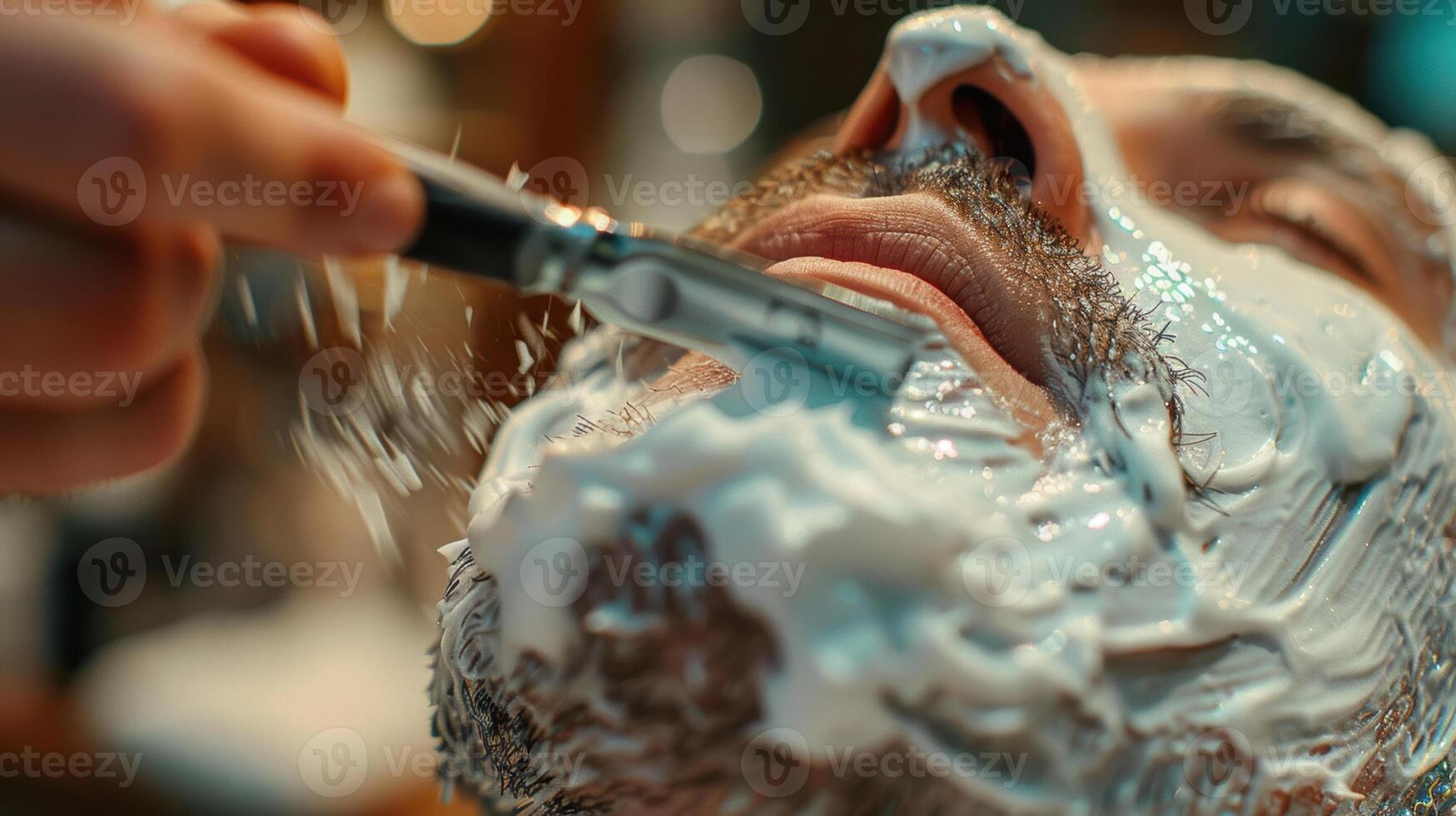 A man is shaving his face with a razor photo