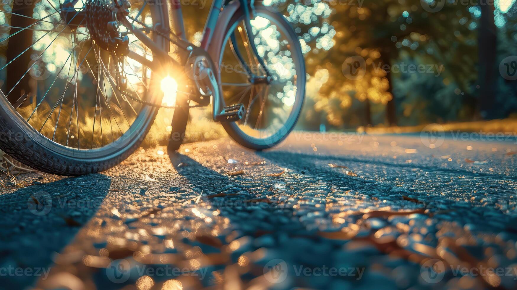 A bicycle is parked on the road at sunset photo