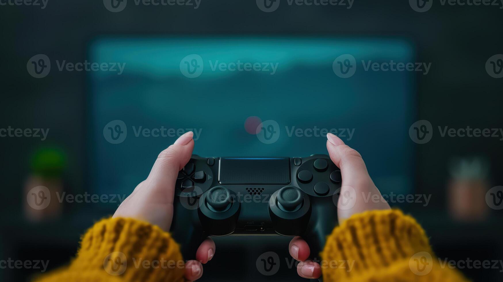 A person holding a game controller in front of a television photo