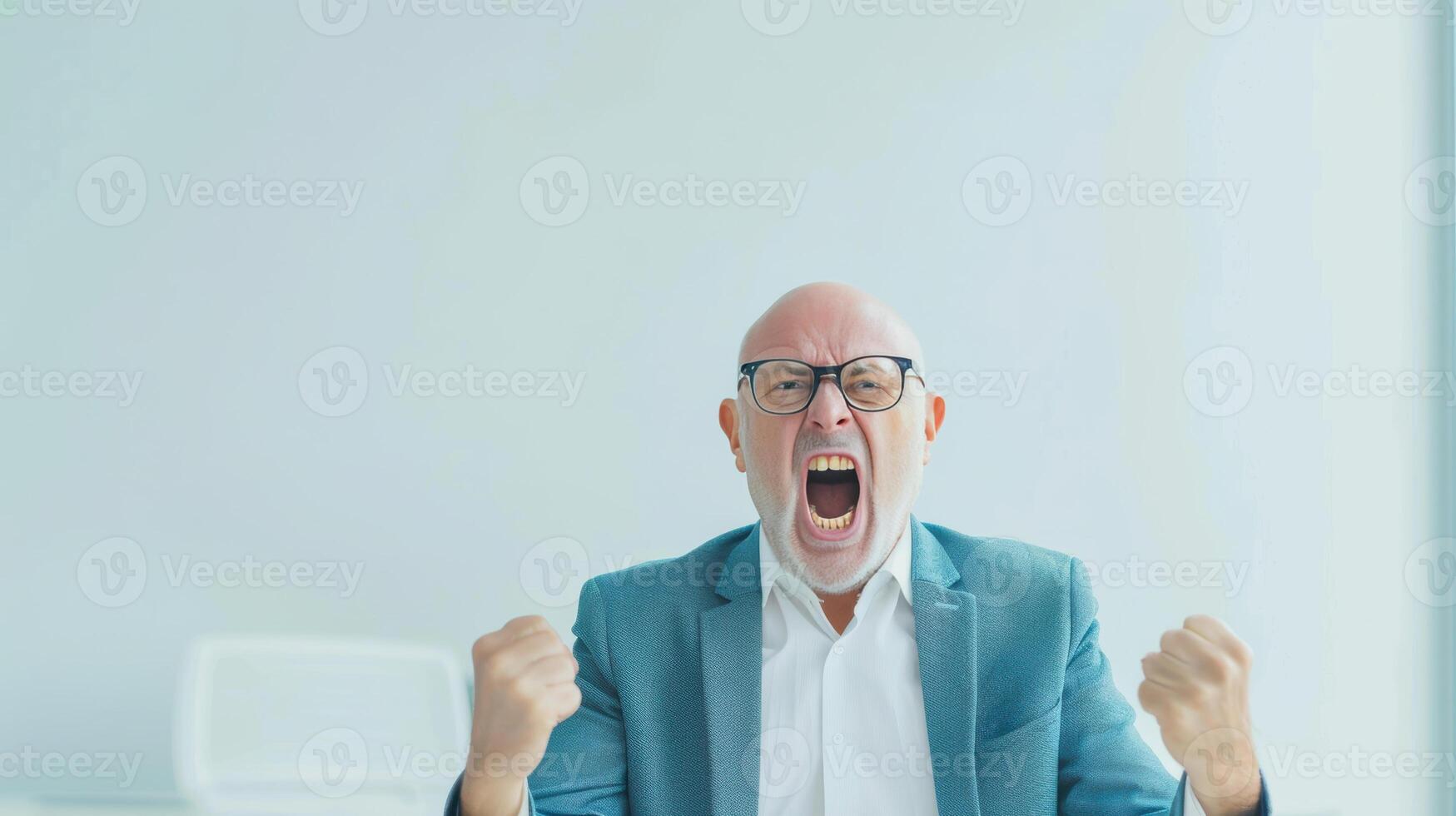 A man in a suit is yelling and making a fist photo