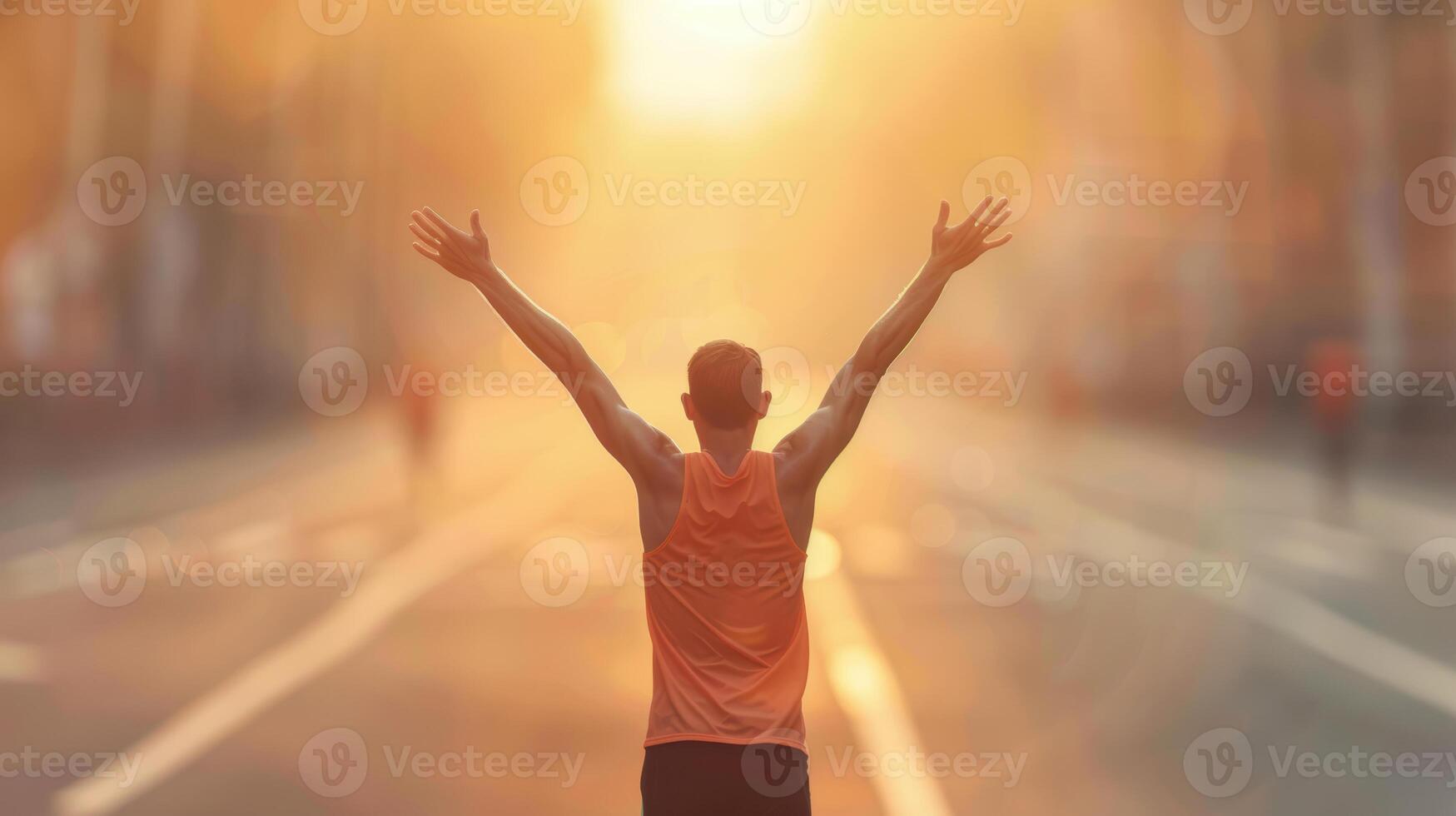 A man is running on a road with his arms up photo