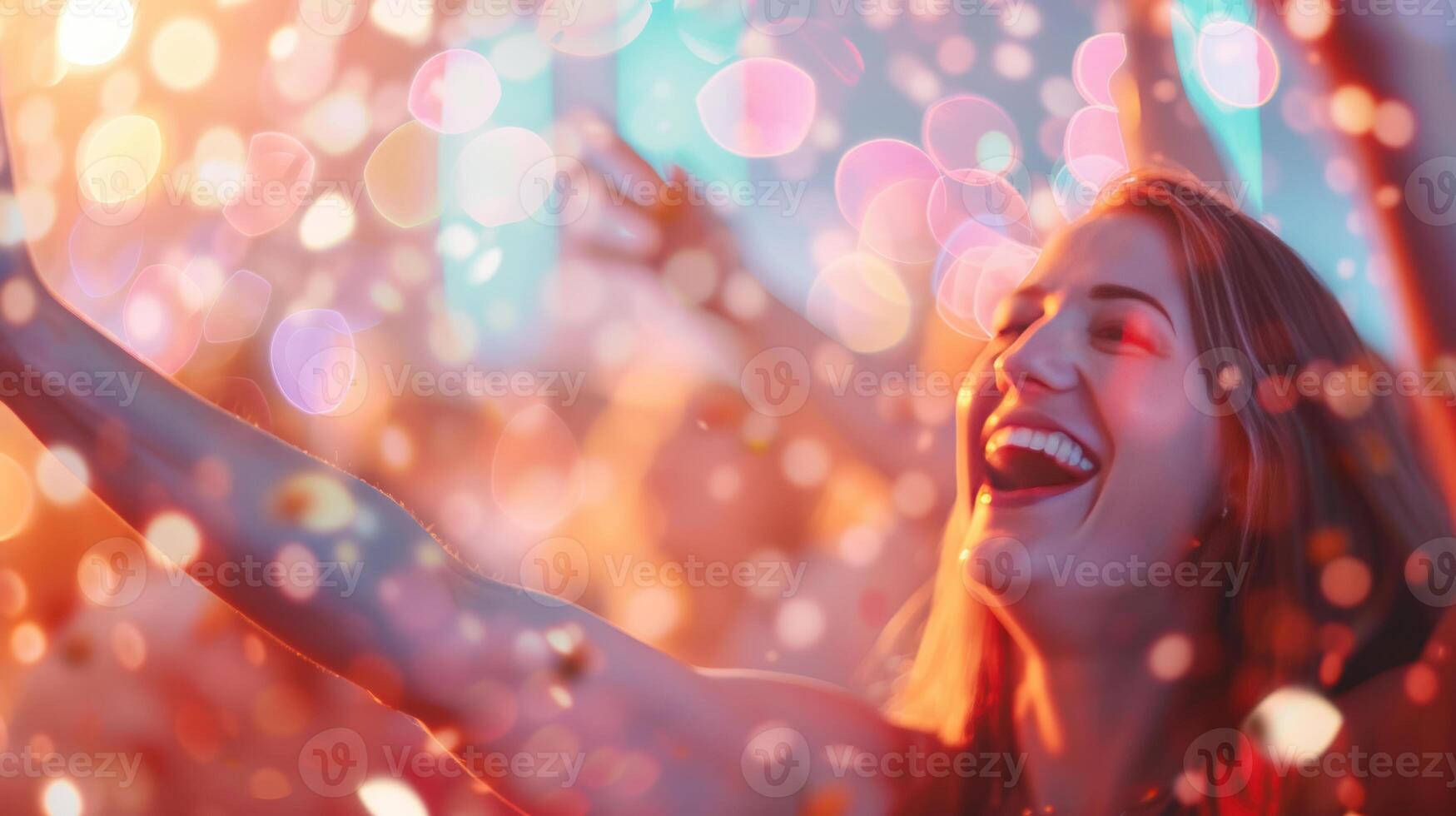 A woman is smiling and holding up her hands in the air photo