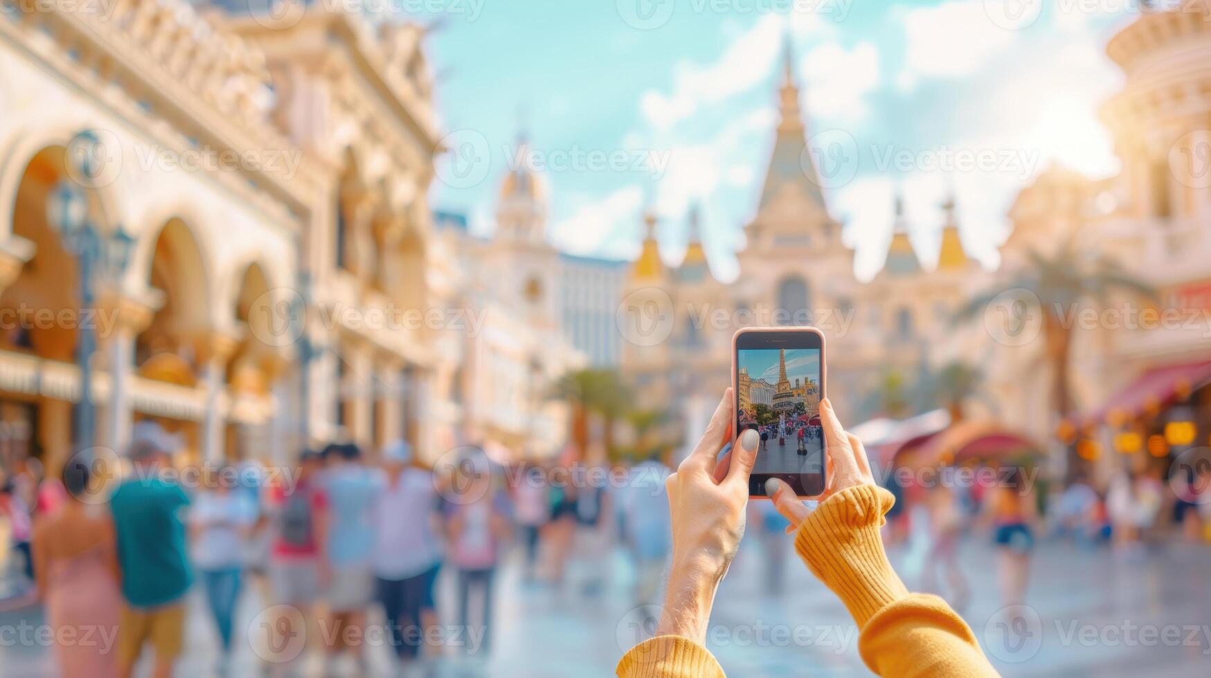 A woman taking a photo of a city street with a smartphone