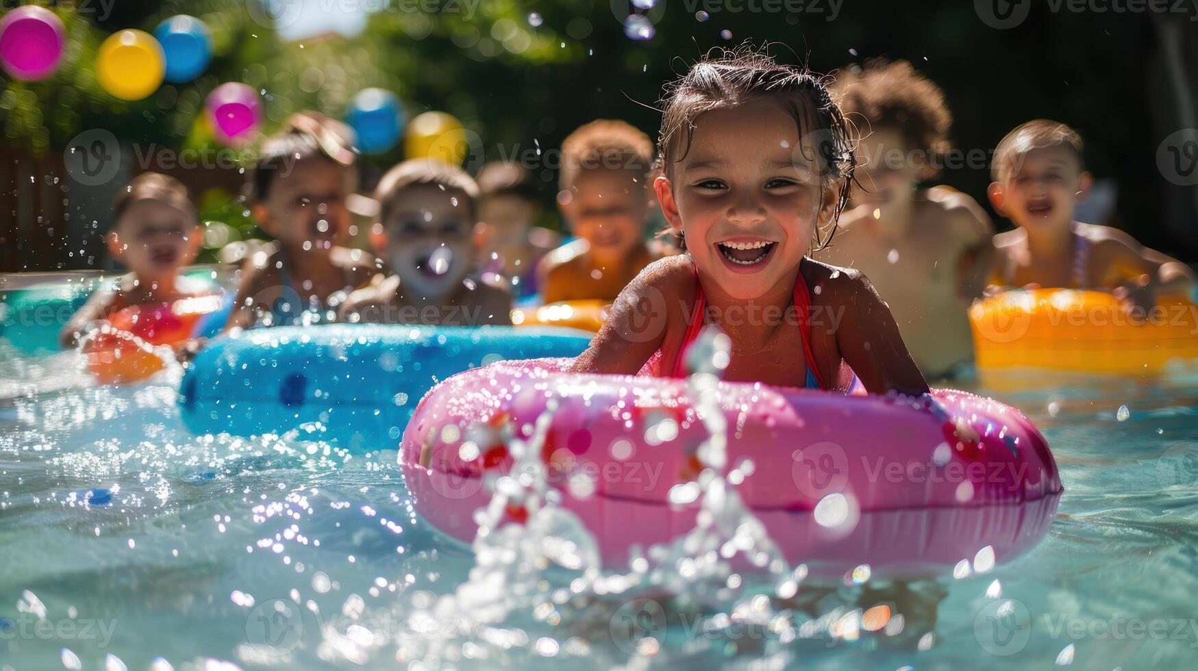 A group of children in a pool with inflatable rings photo