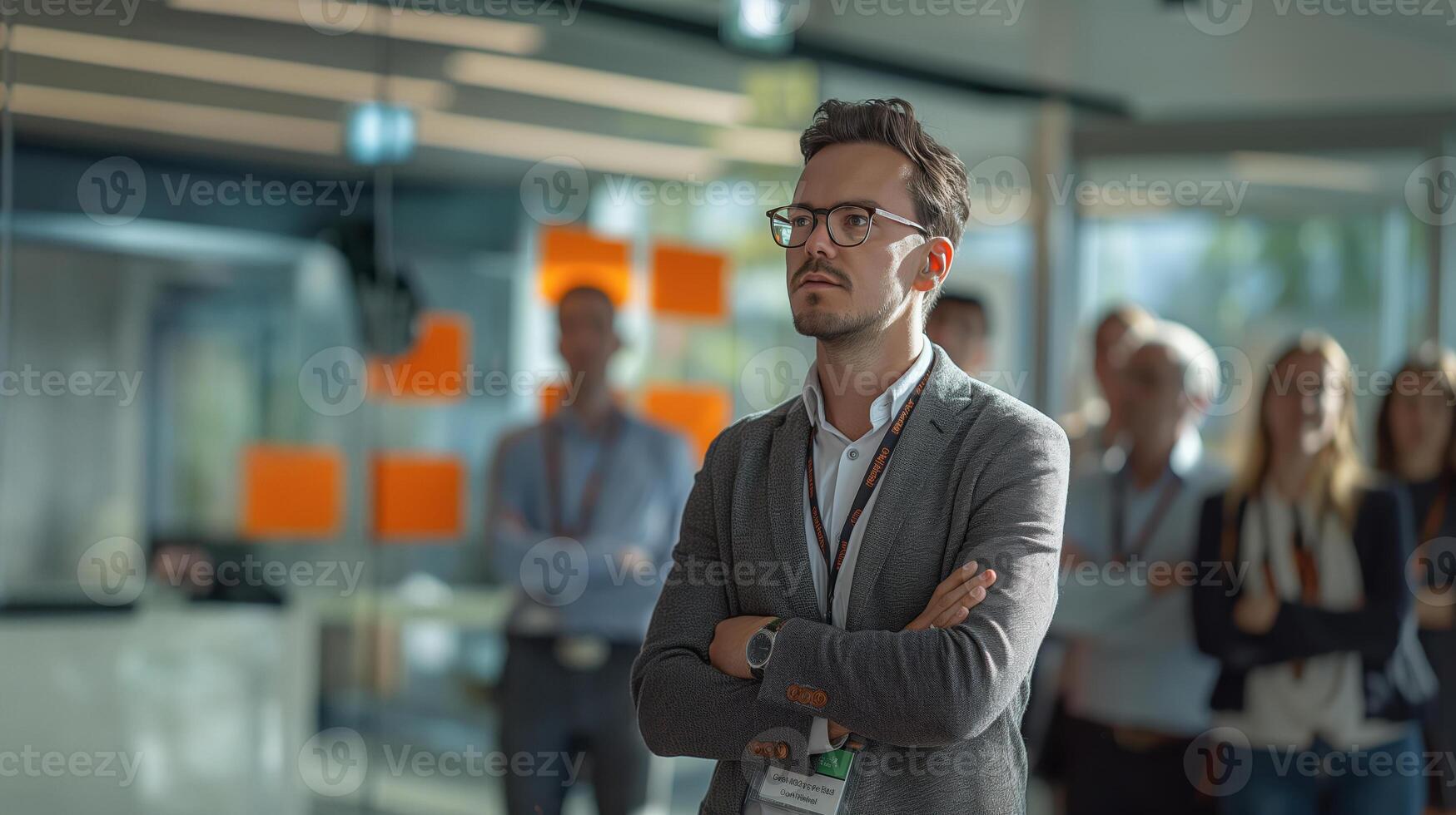 A man in a suit standing in front of a group of people photo