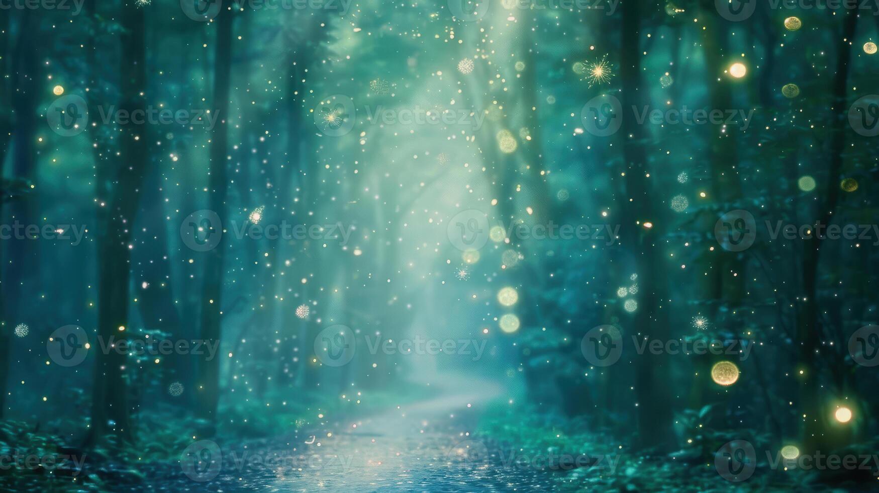 A path through the woods with lights shining down photo
