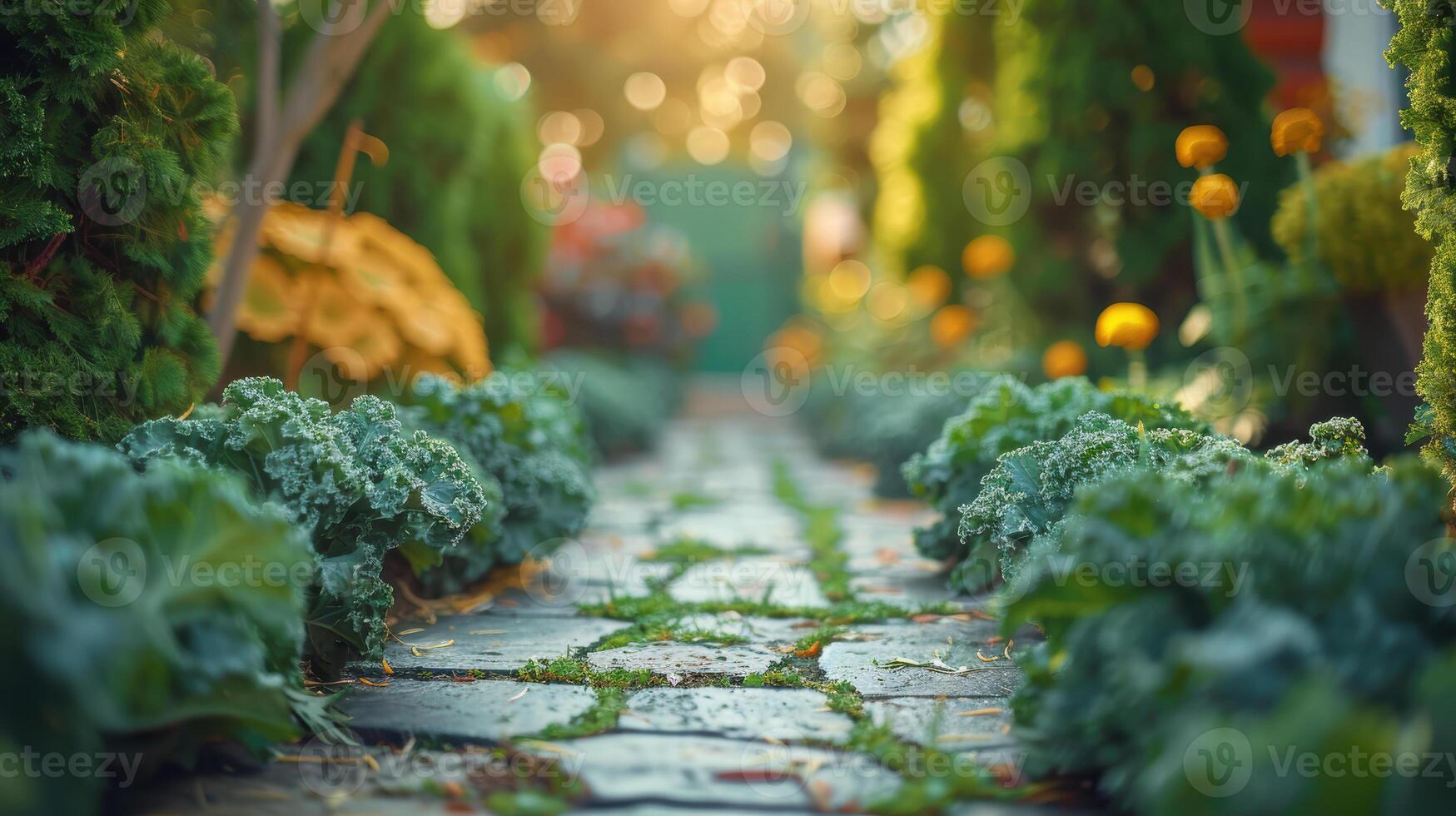 A stone path in a garden with green plants photo