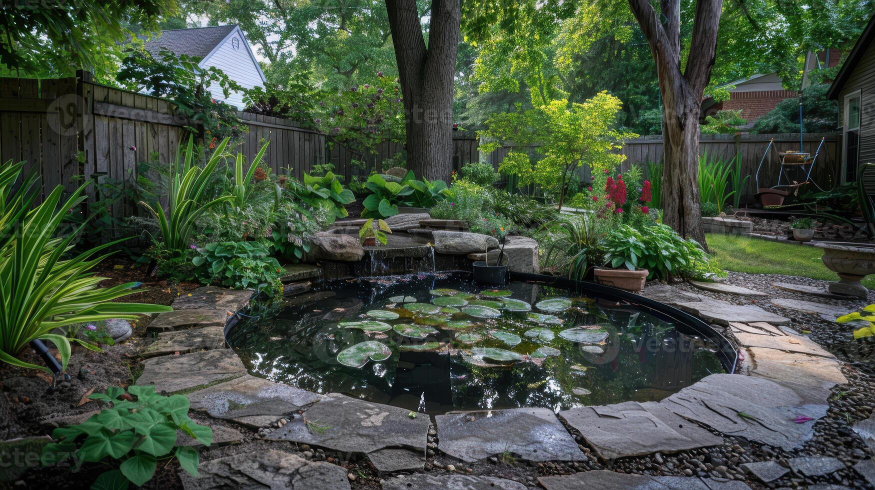 A backyard pond with water lilies and plants photo