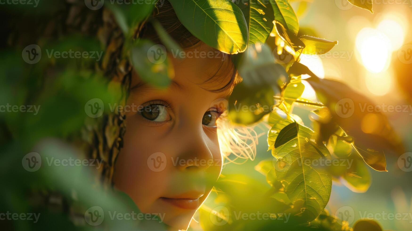 A child peeks out from behind a tree photo