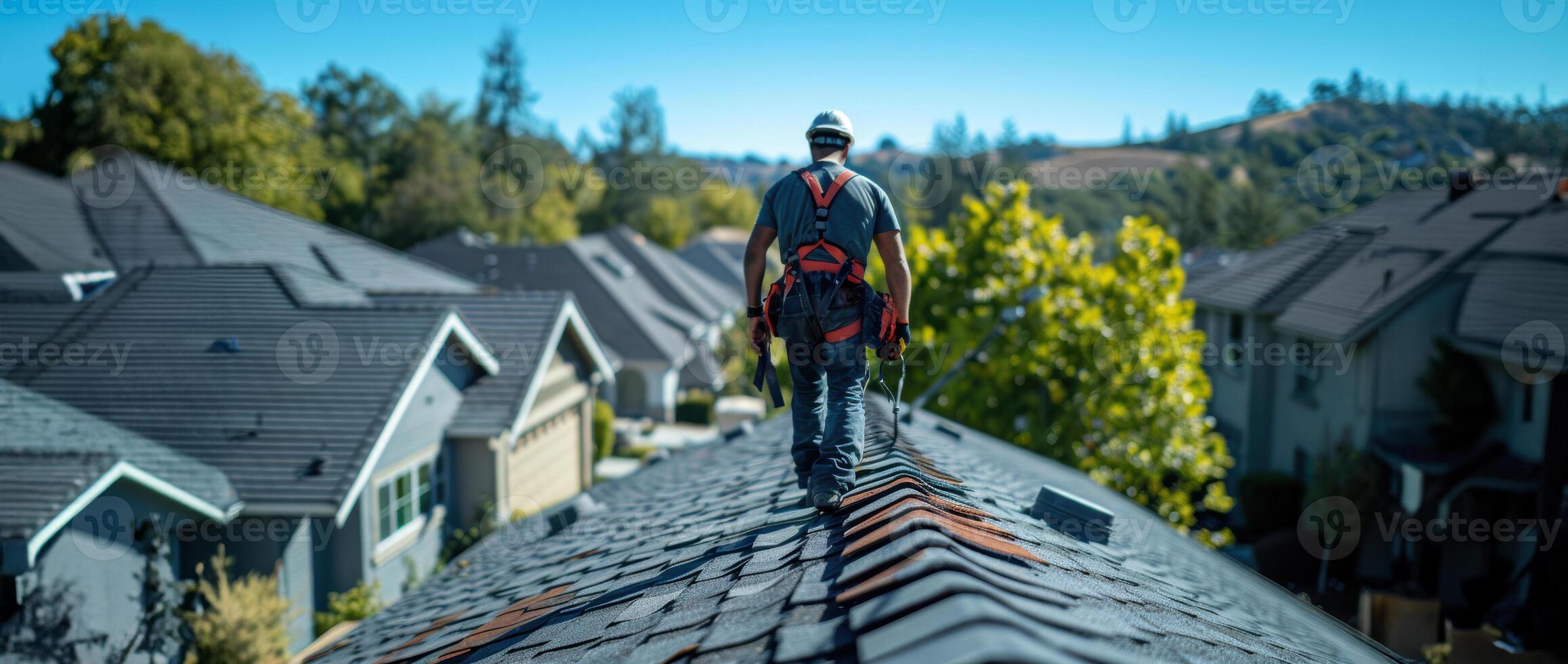 A man standing on the roof of a house photo