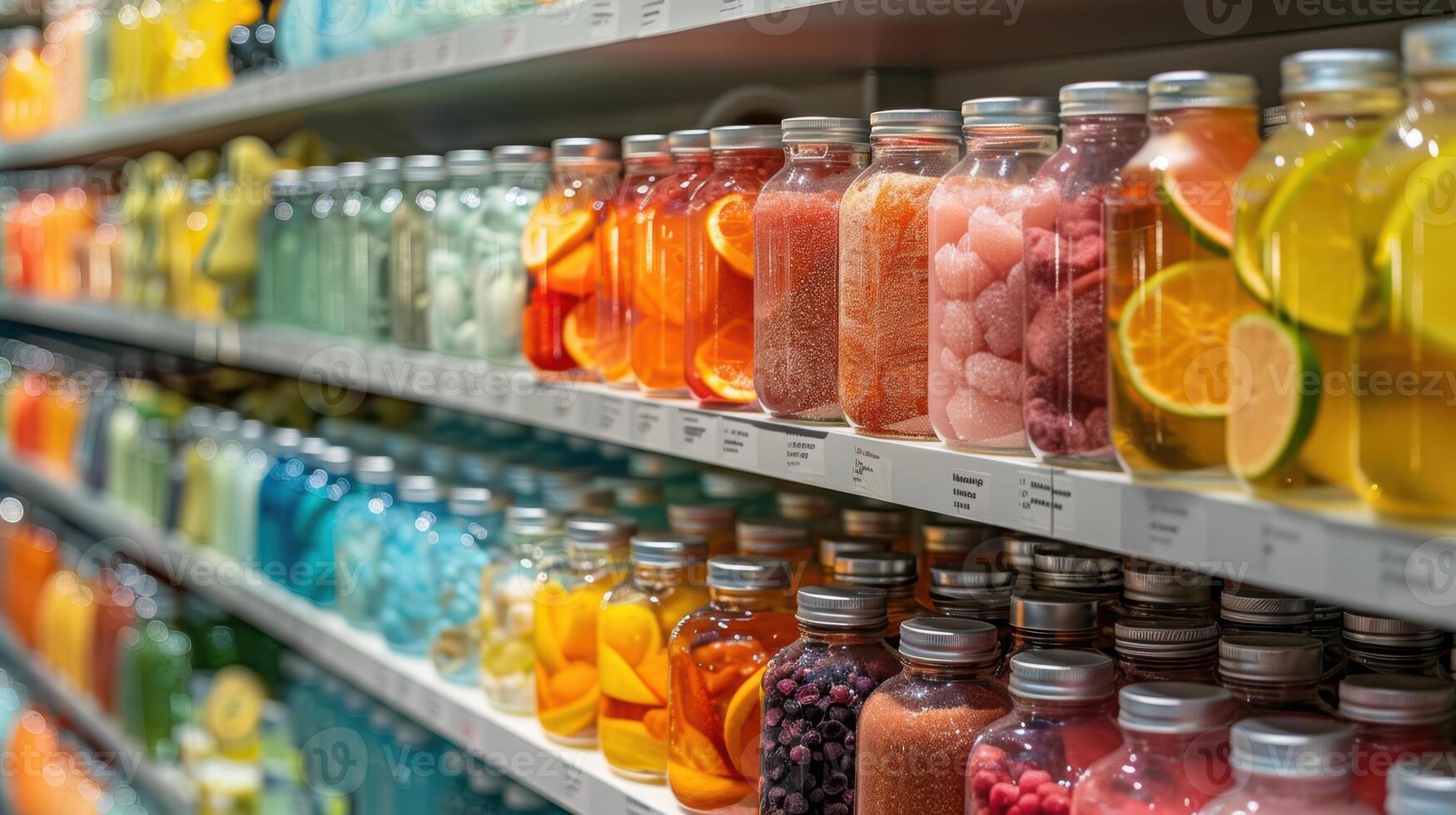 A row of bottles filled with different colored drinks photo