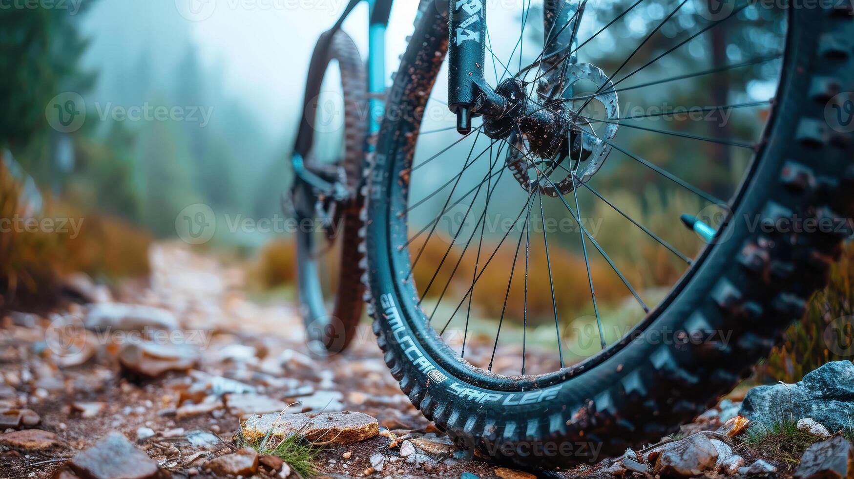 A mountain bike is parked on a dirt trail photo
