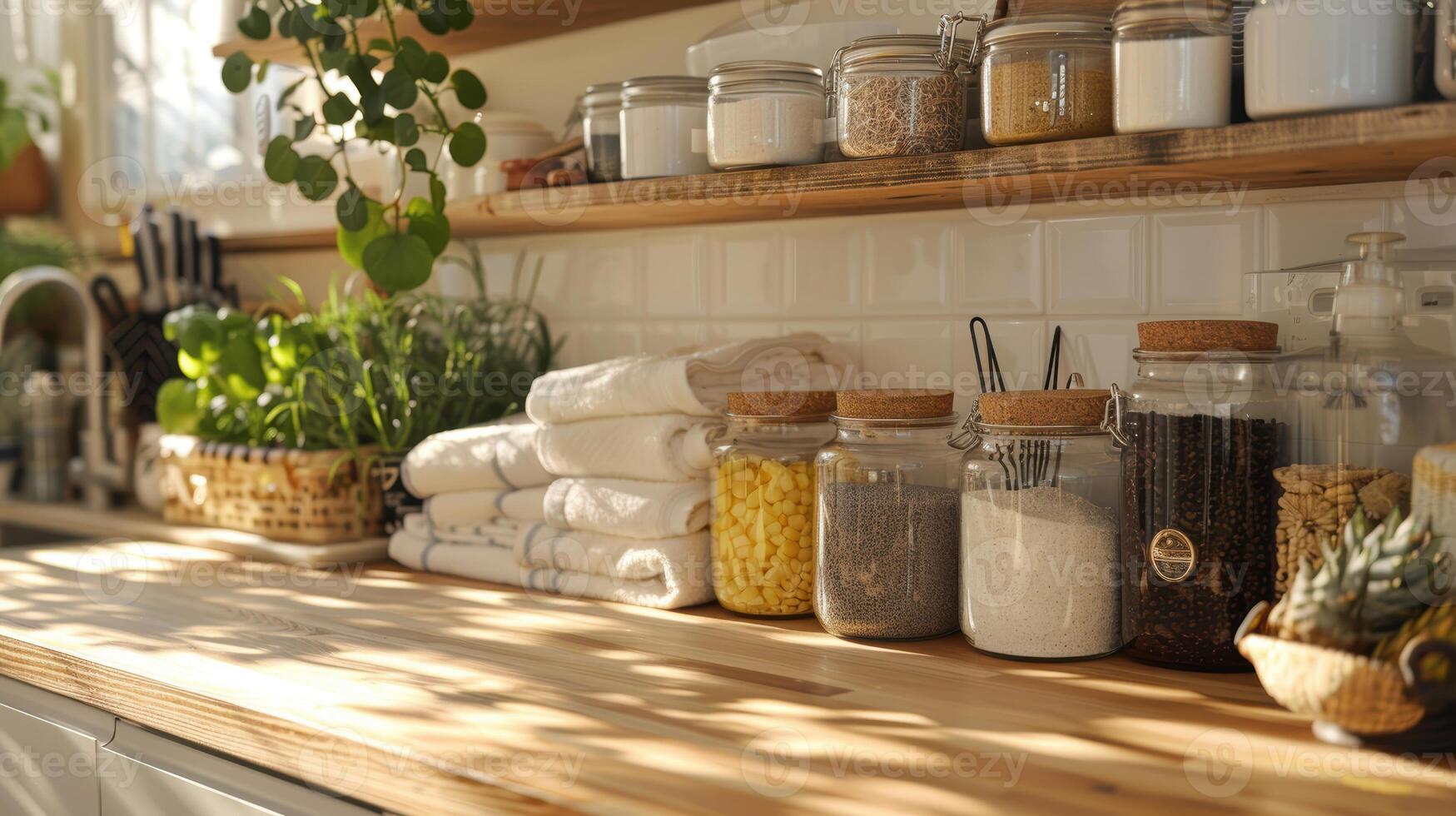 A kitchen counter with jars and other items photo