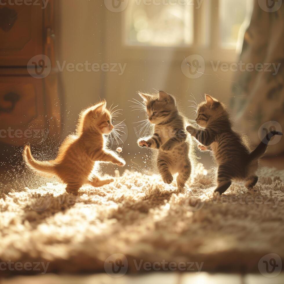 Three kittens playing on a rug in a room photo