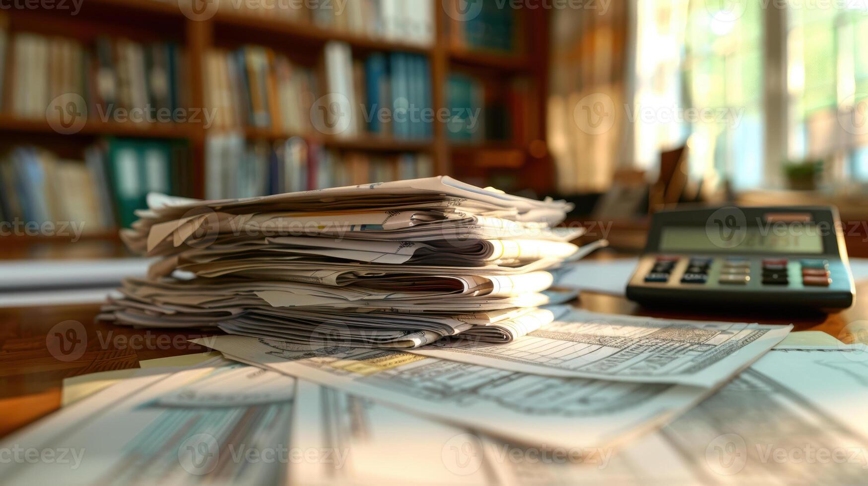 A stack of papers and a calculator on a desk photo