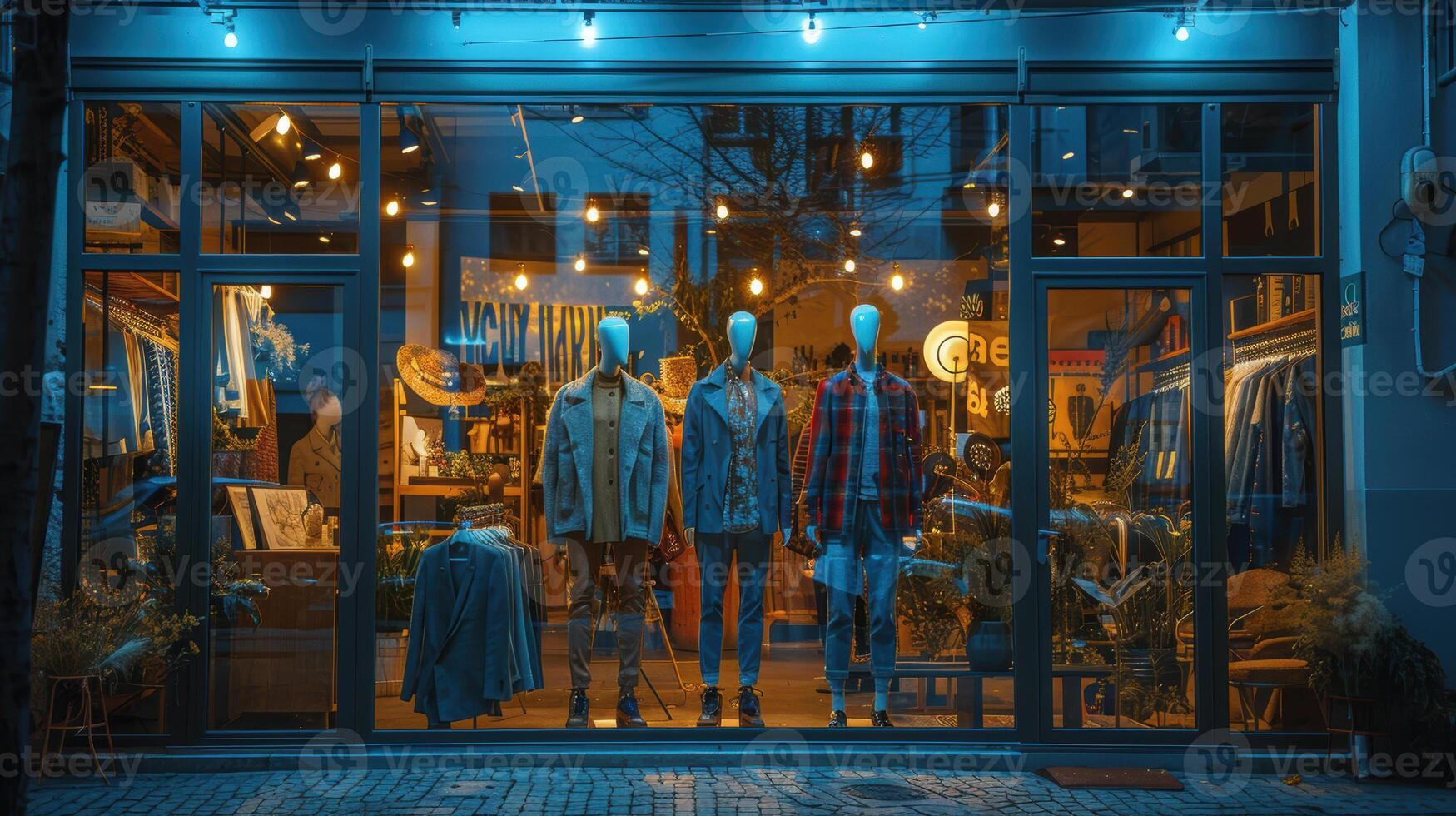 A store front with clothes hanging on the windows photo