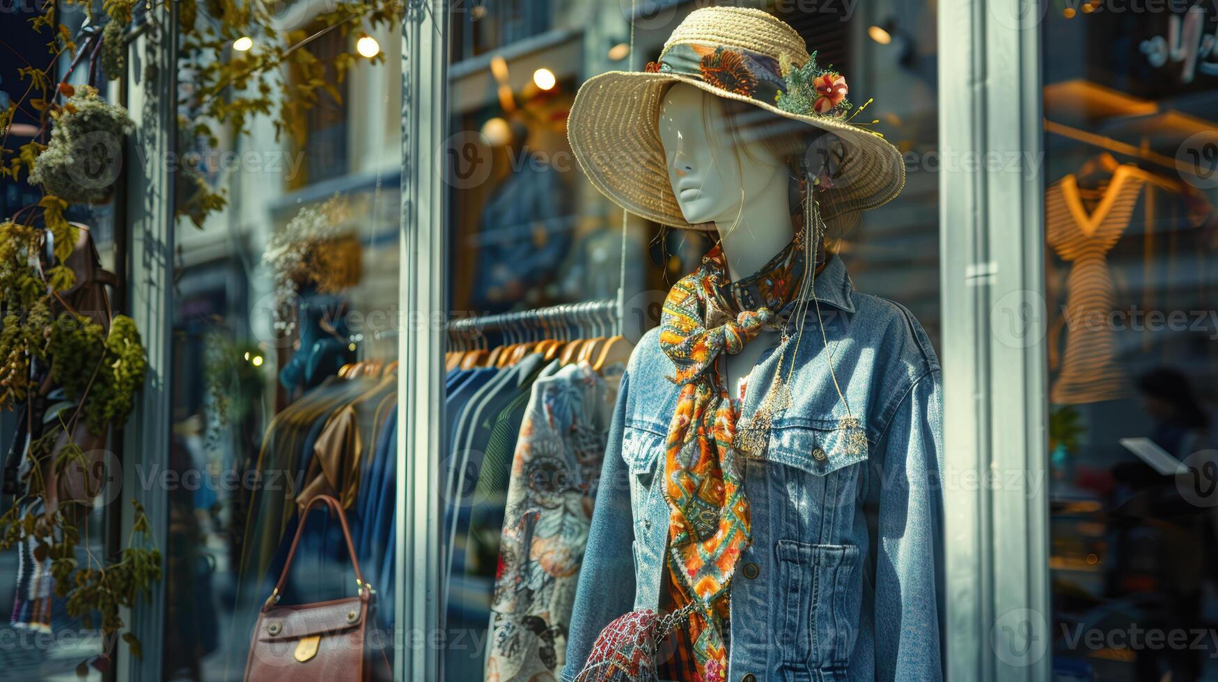 Mannequin wearing a hat and scarf in front of a store window photo
