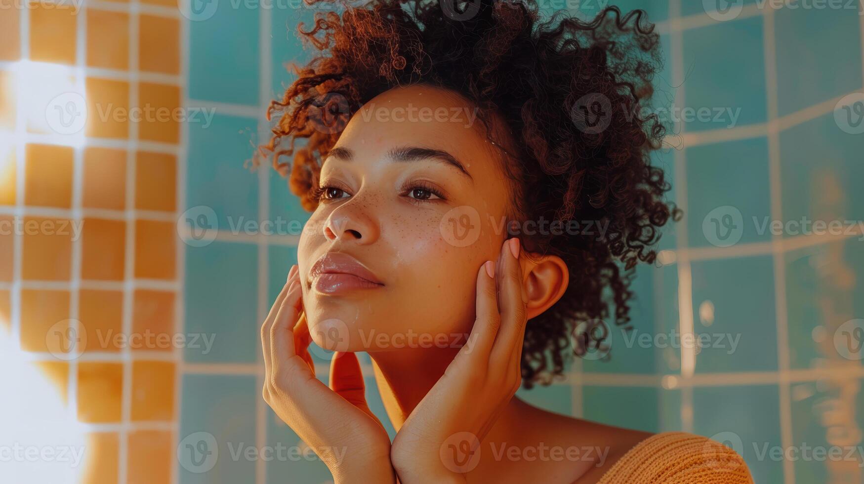 A woman with curly hair is looking at her face photo