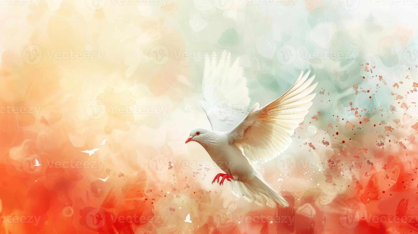 A white dove flying in the air with red and orange flowers photo