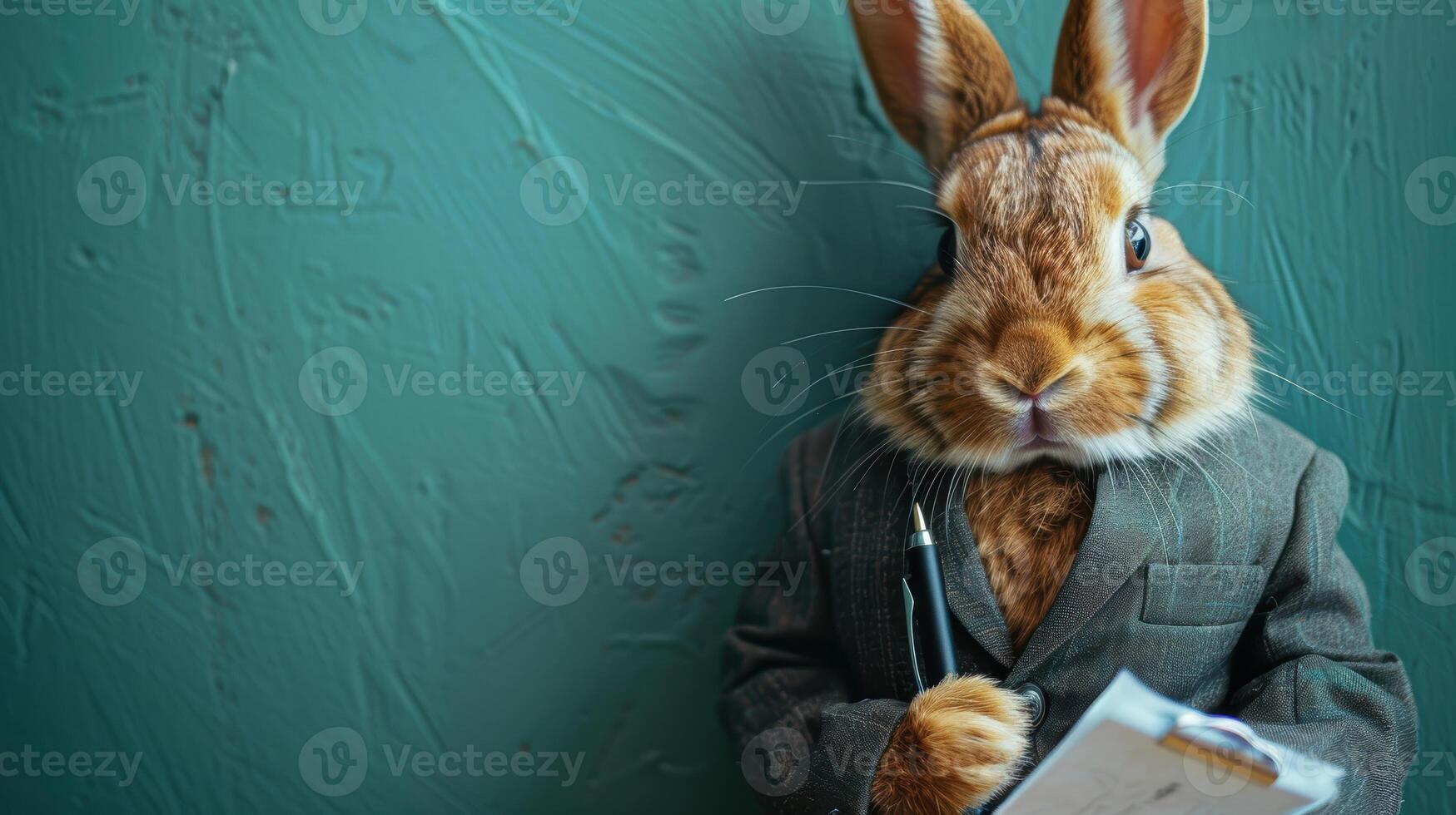 A rabbit dressed in a suit holding a clipboard photo